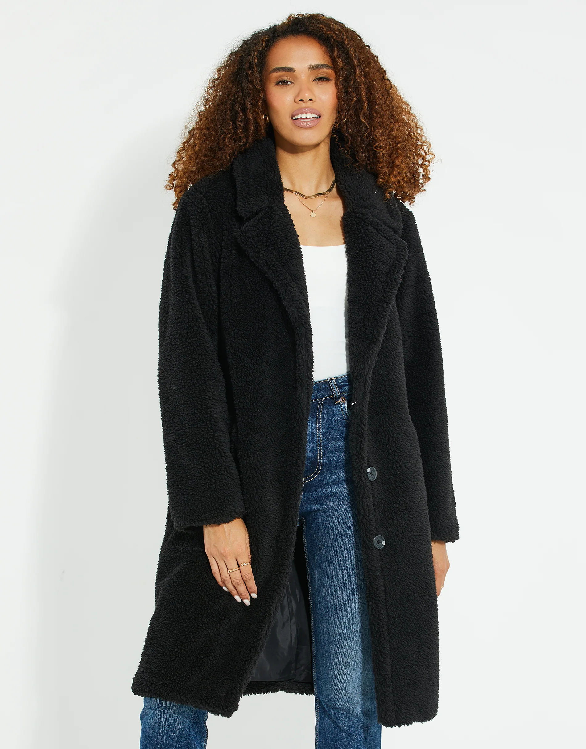 Faux Borg Teddy Coat in Black - Image 2