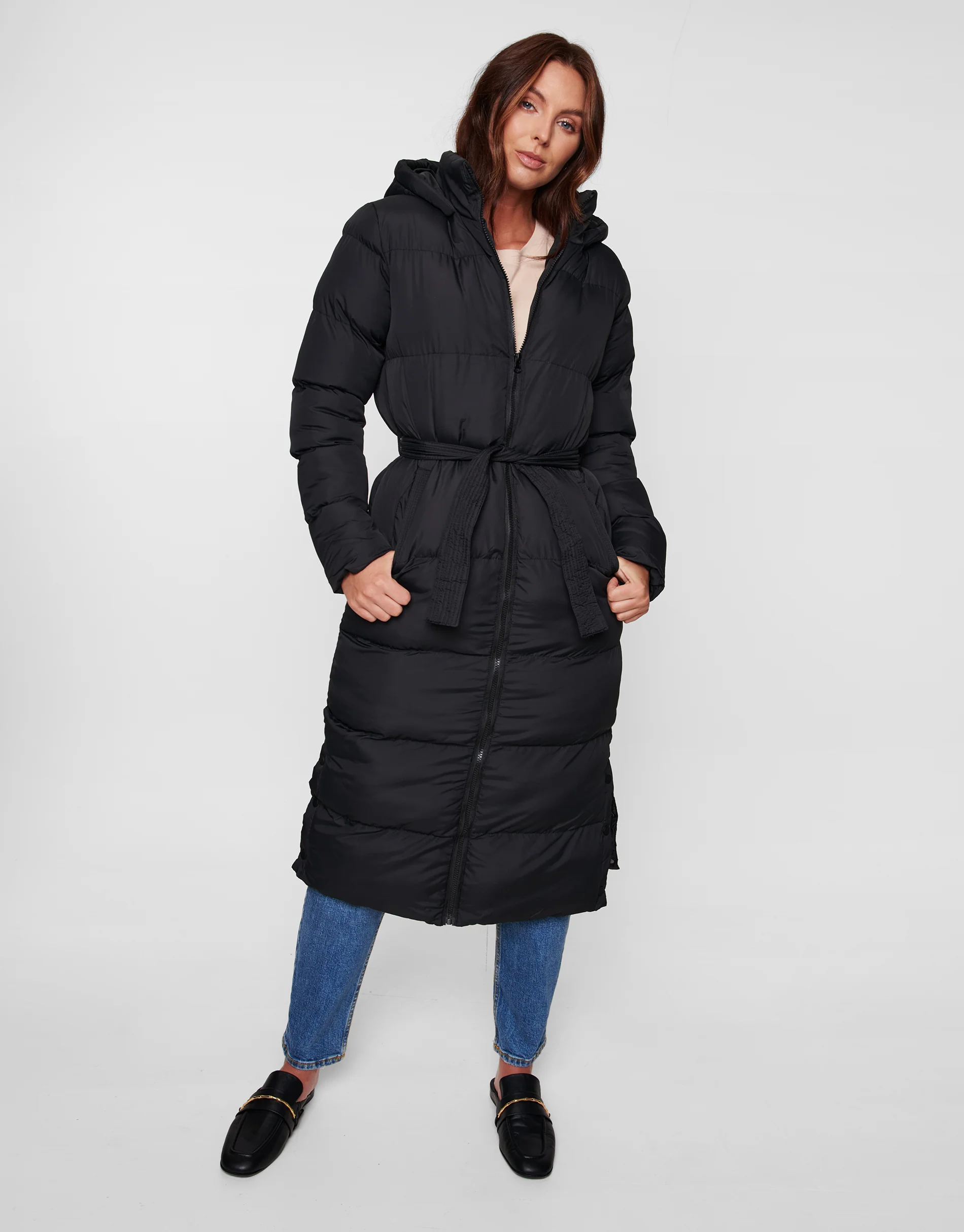 Longline Puffer Jacket in Black