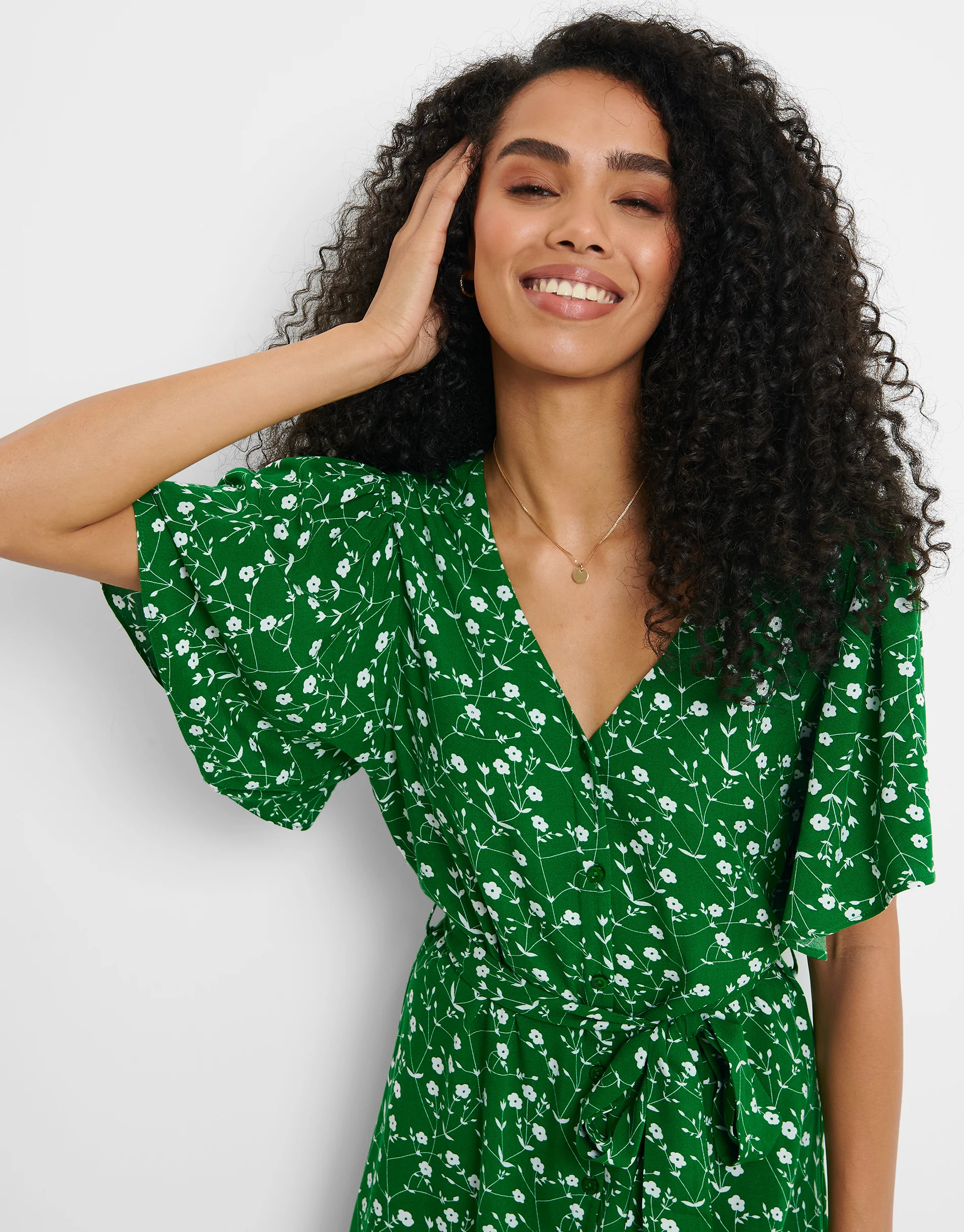 Floral Print Flutter Sleeve Midi Dress in Green - Image 3