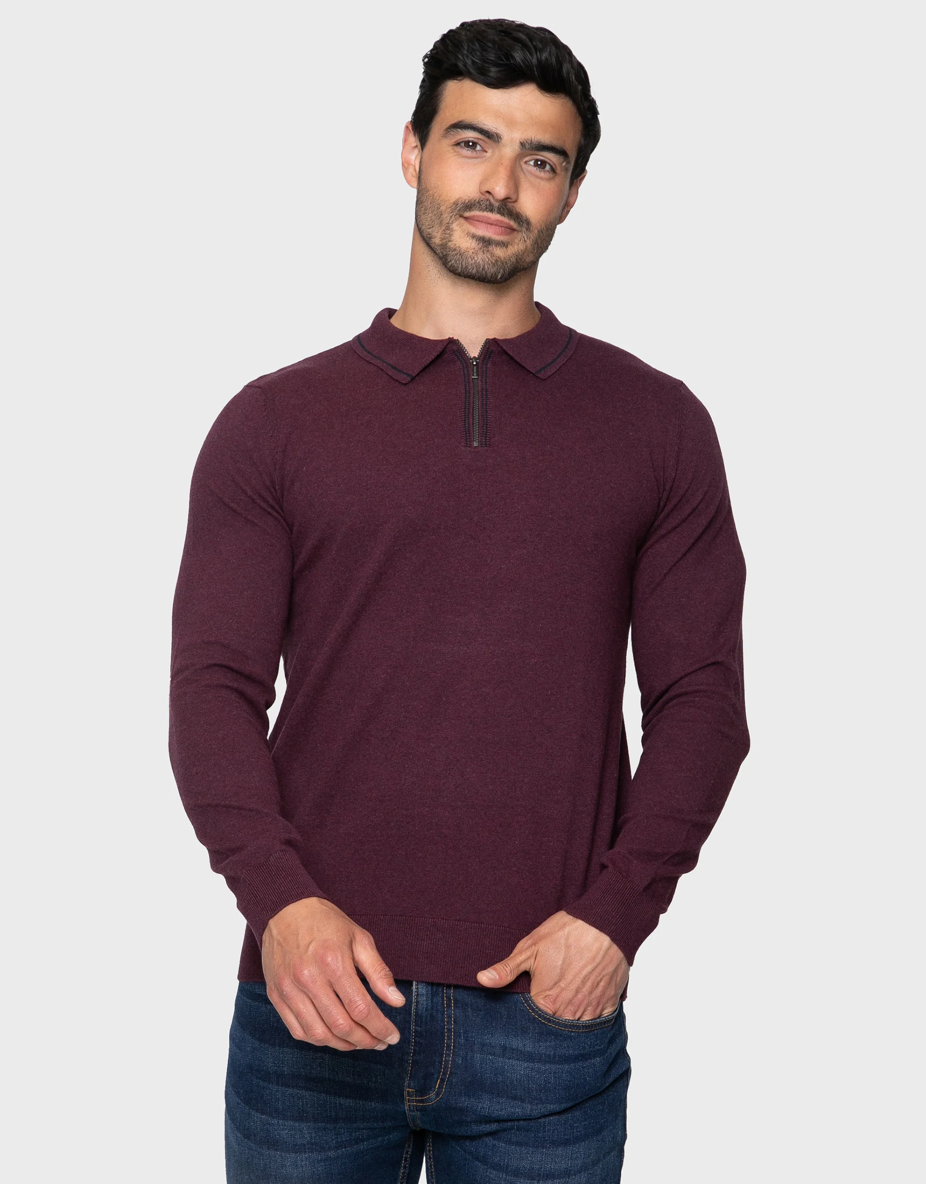 Quarter Zip Polo Jumper in Burgundy - Image 2