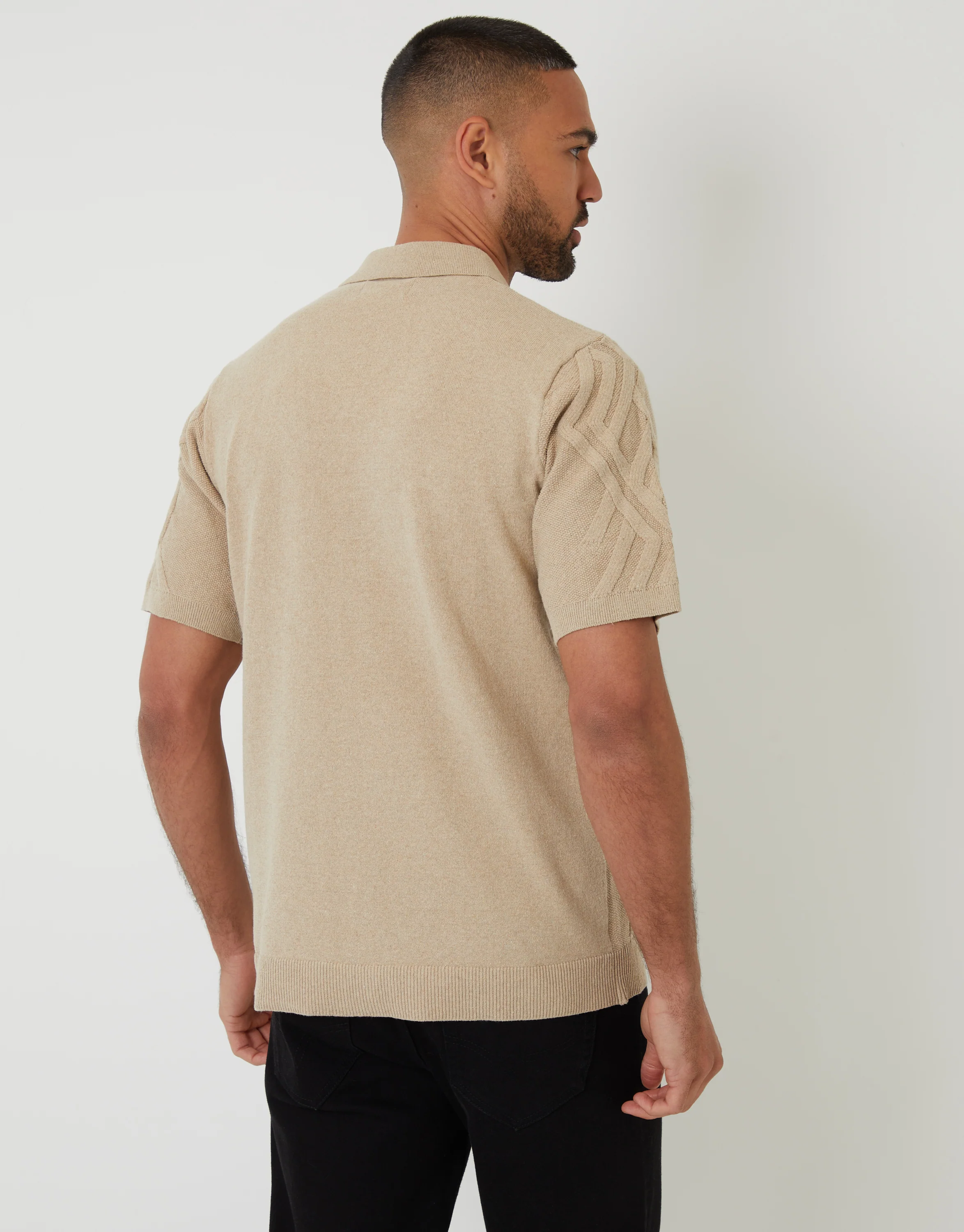 Cable Knit Button Through Polo Shirt in Beige - Image 2