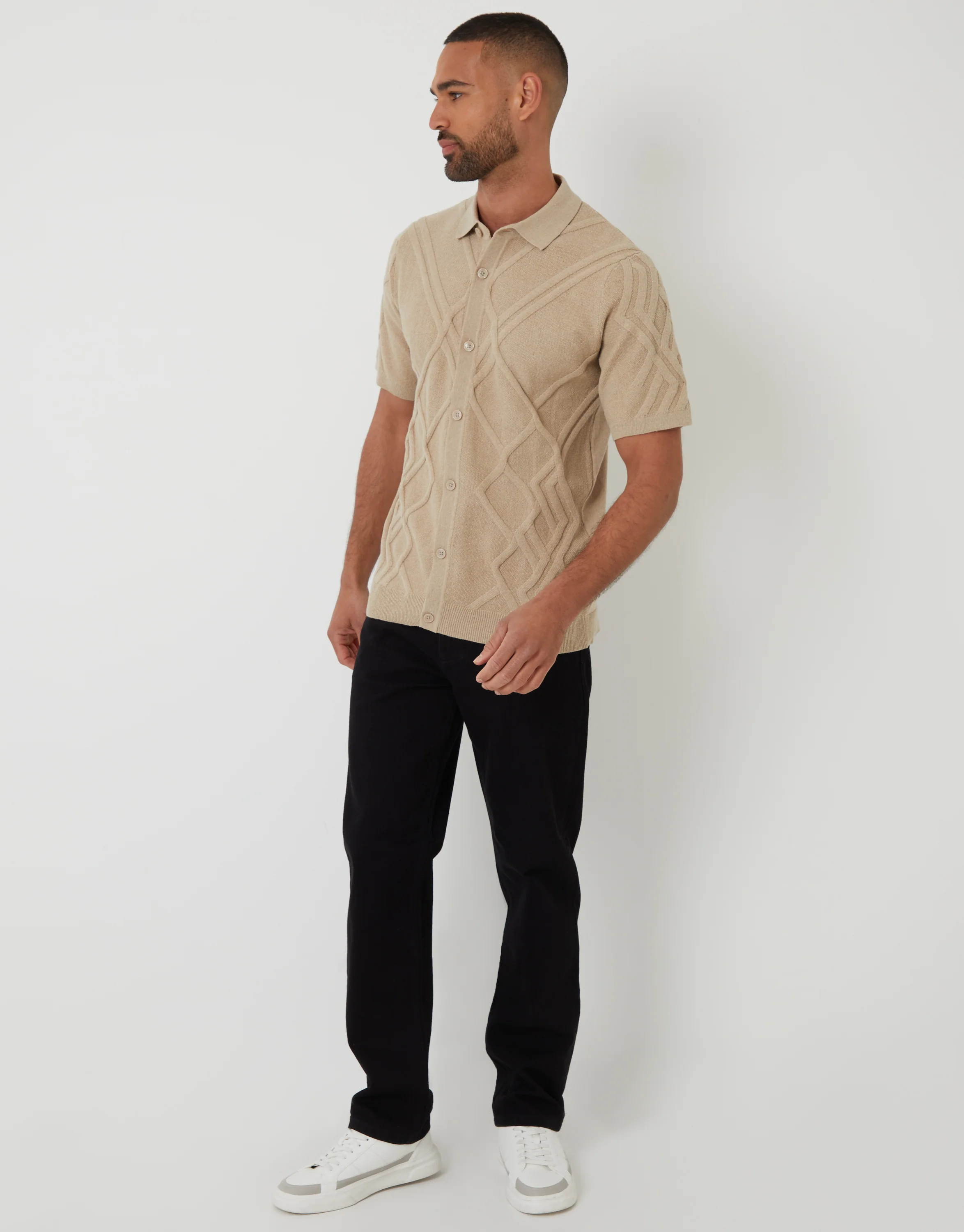 Cable Knit Button Through Polo Shirt in Beige - Image 3