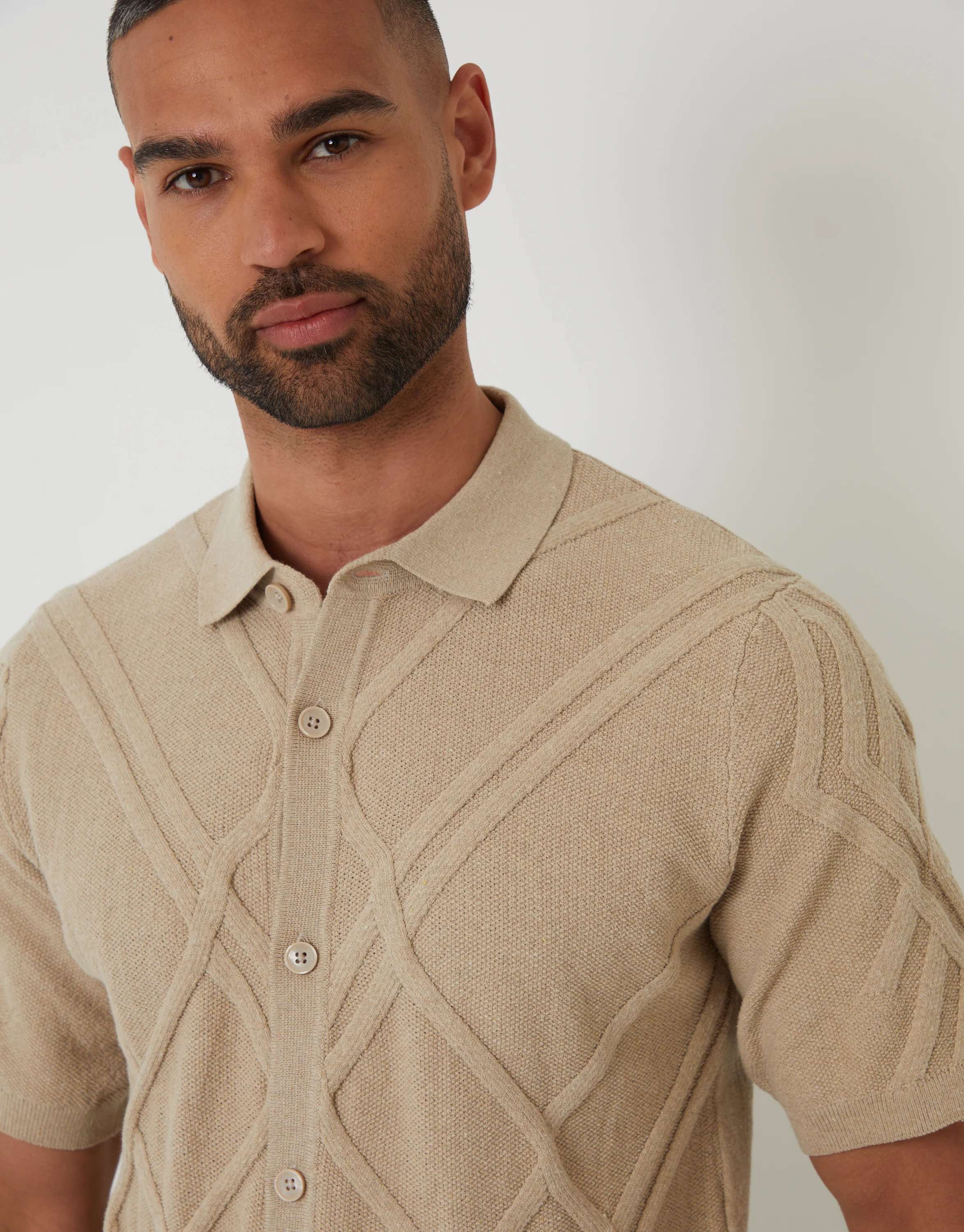 Cable Knit Button Through Polo Shirt in Beige - Image 4