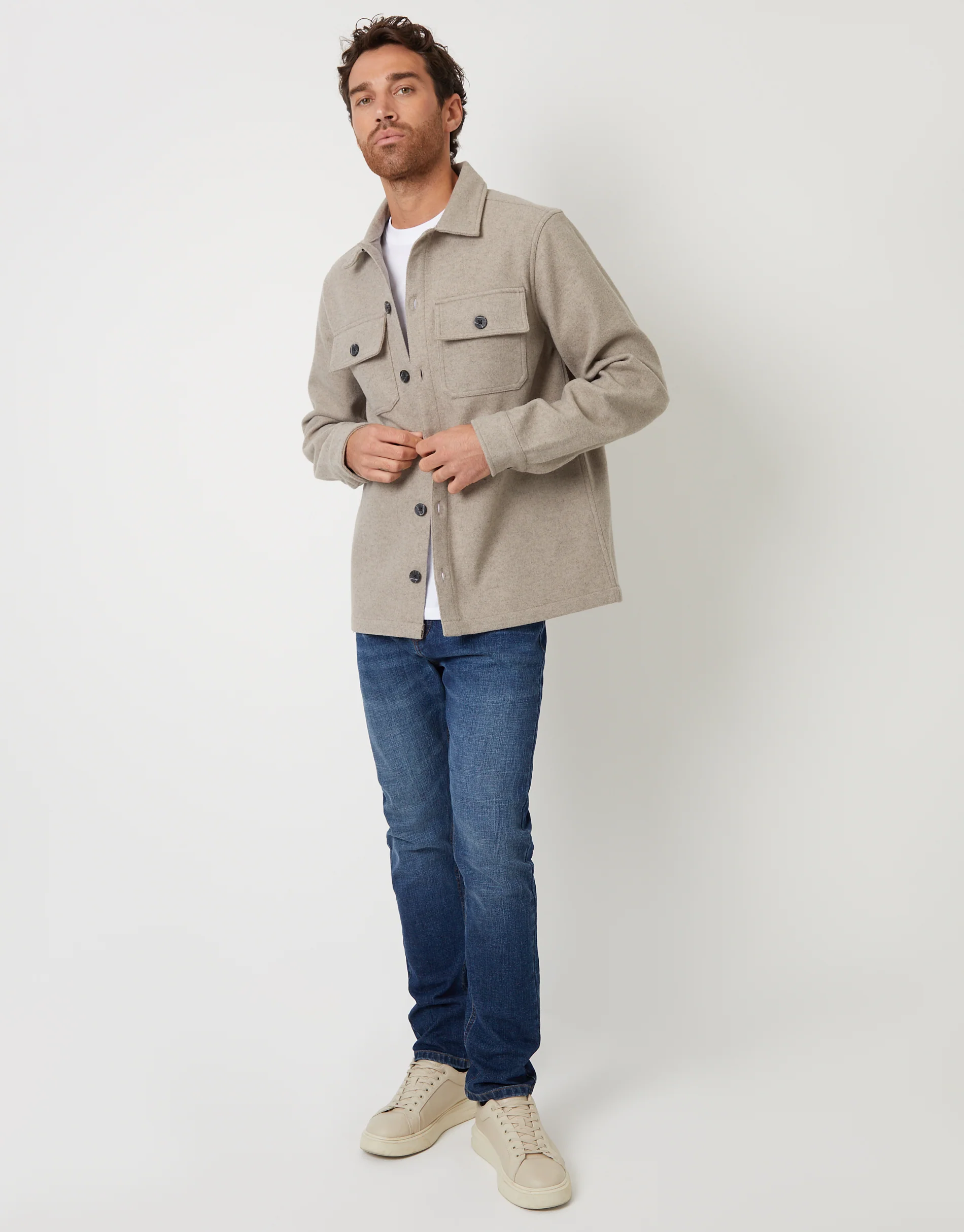 Faux Wool Button Up Shacket in Beige - Image 3
