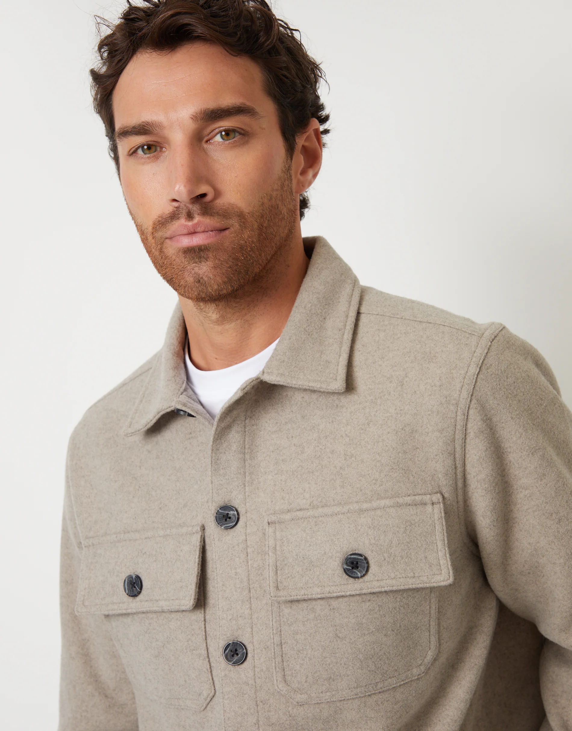 Faux Wool Button Up Shacket in Beige - Image 4