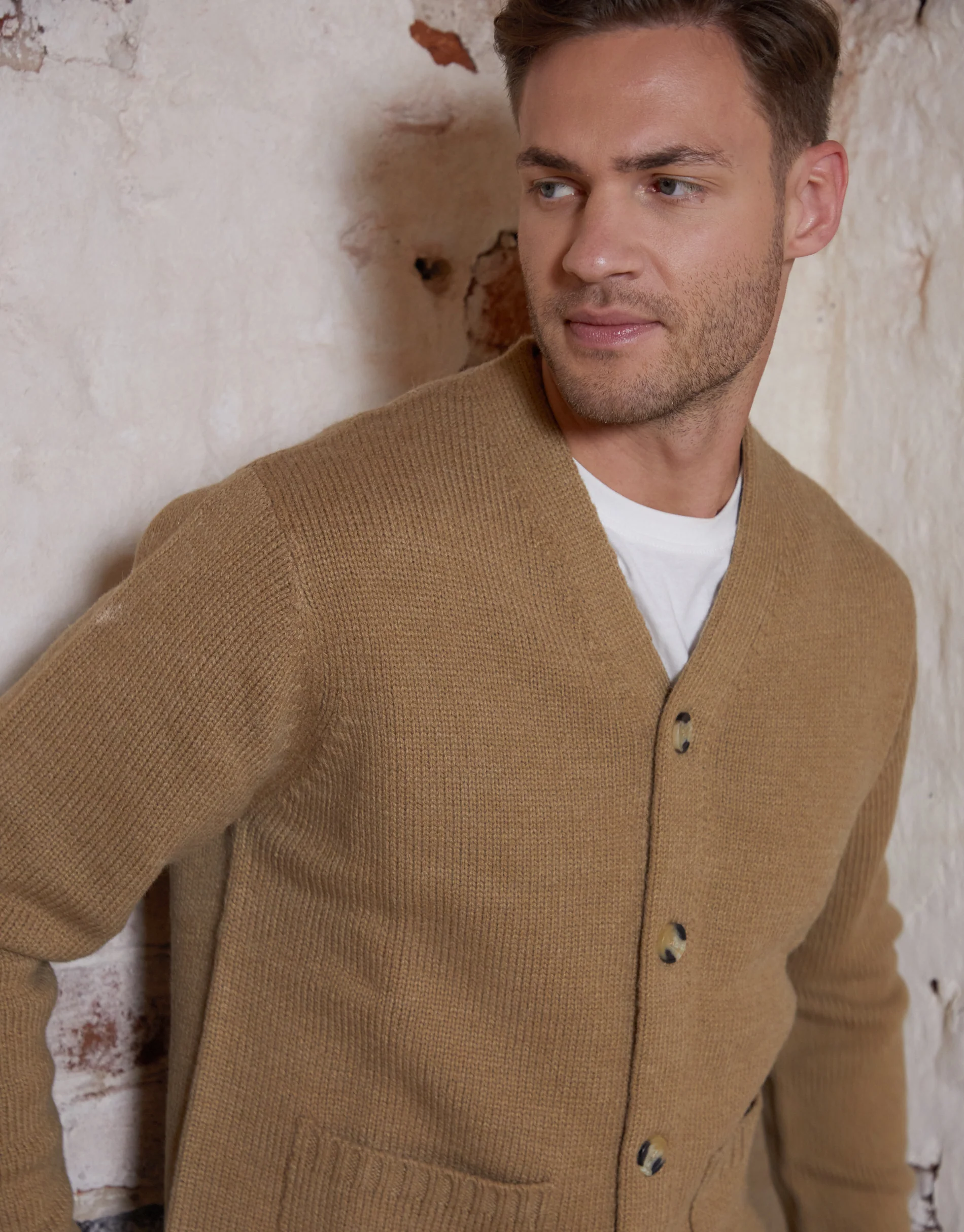 Knitted V-Neck Cardigan in Beige - Image 3