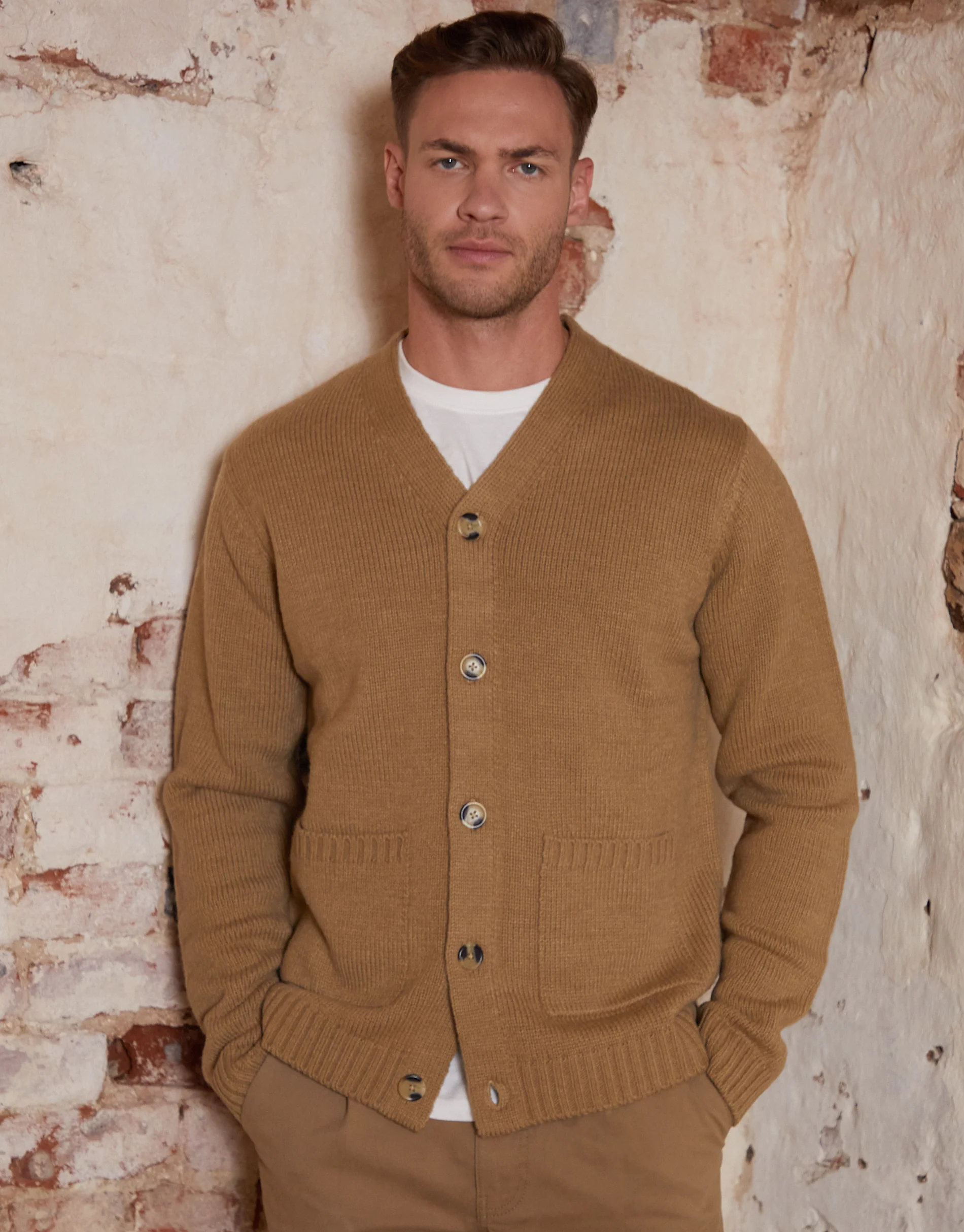 Knitted V-Neck Cardigan in Beige - Image 4