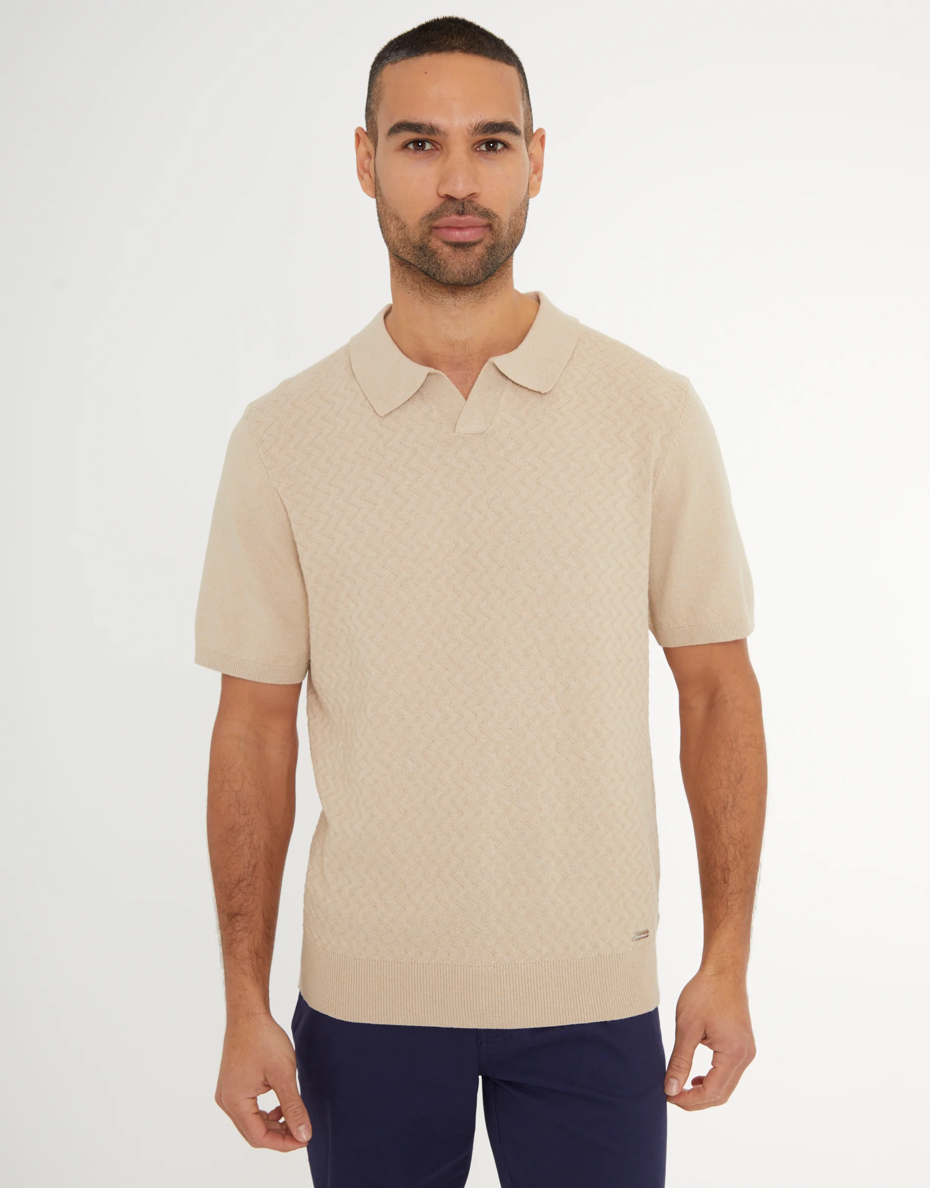 Textured Front Knitted Trophy Neck Polo in Beige
