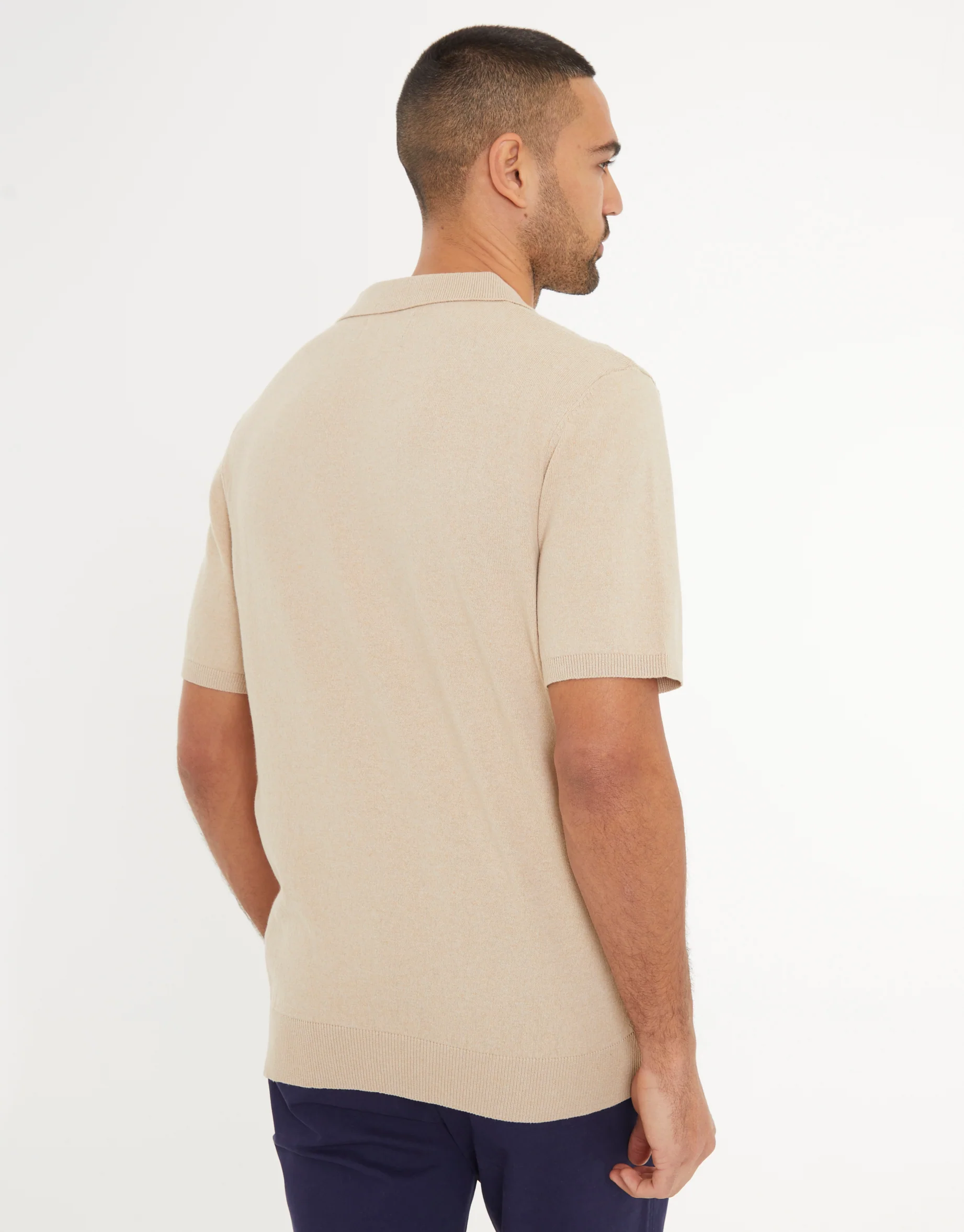 Textured Front Knitted Trophy Neck Polo in Beige - Image 2