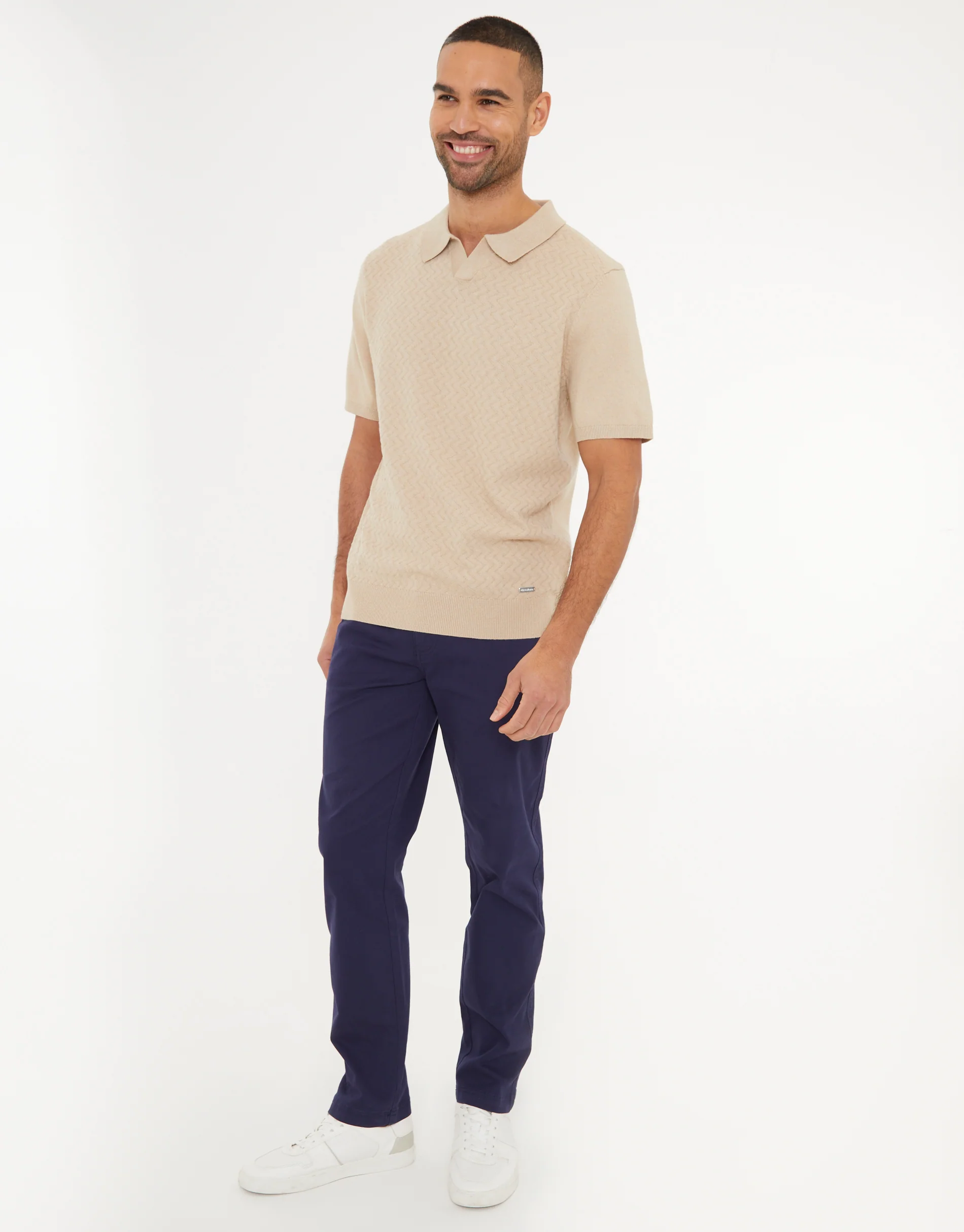 Textured Front Knitted Trophy Neck Polo in Beige - Image 3