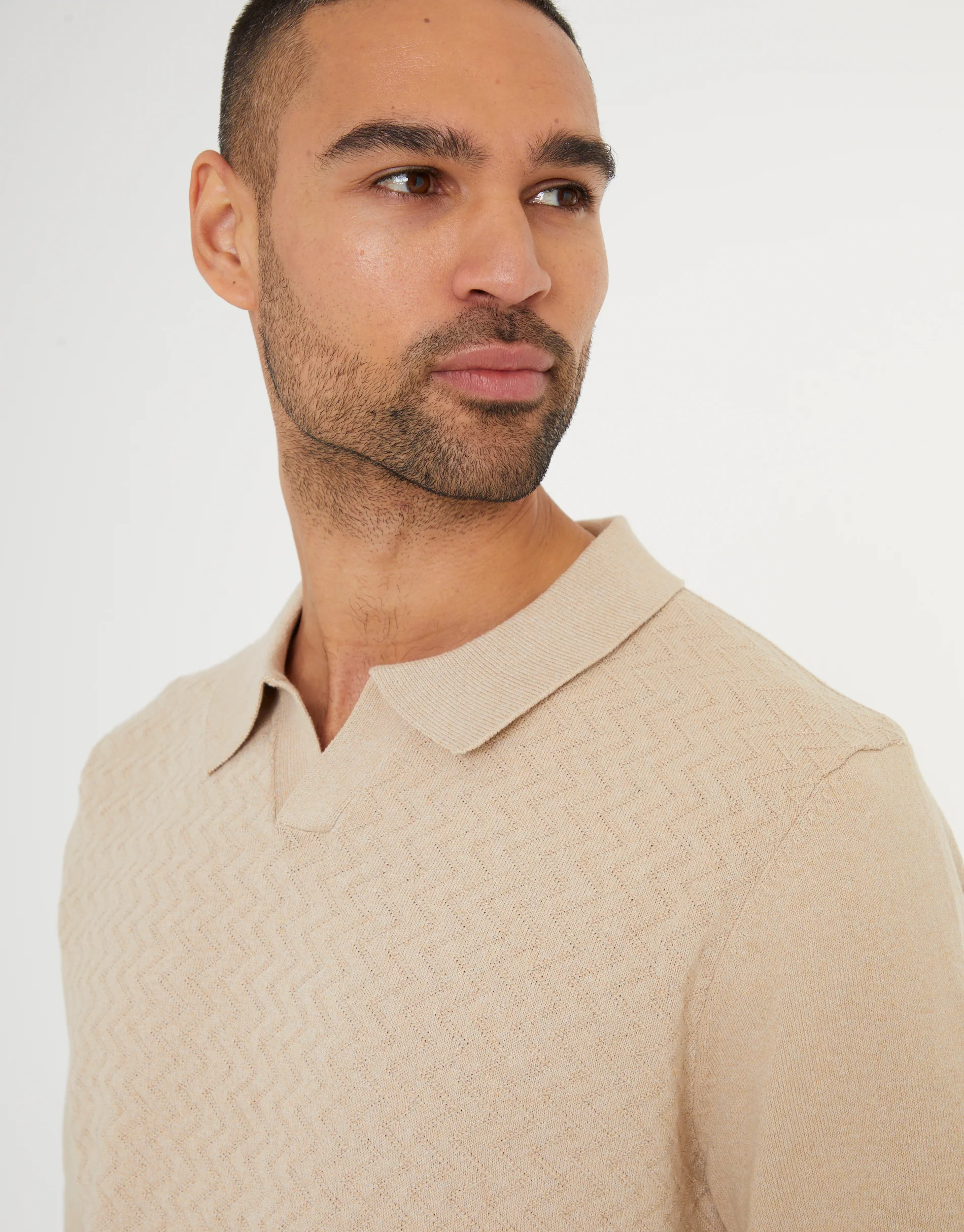 Textured Front Knitted Trophy Neck Polo in Beige - Image 4