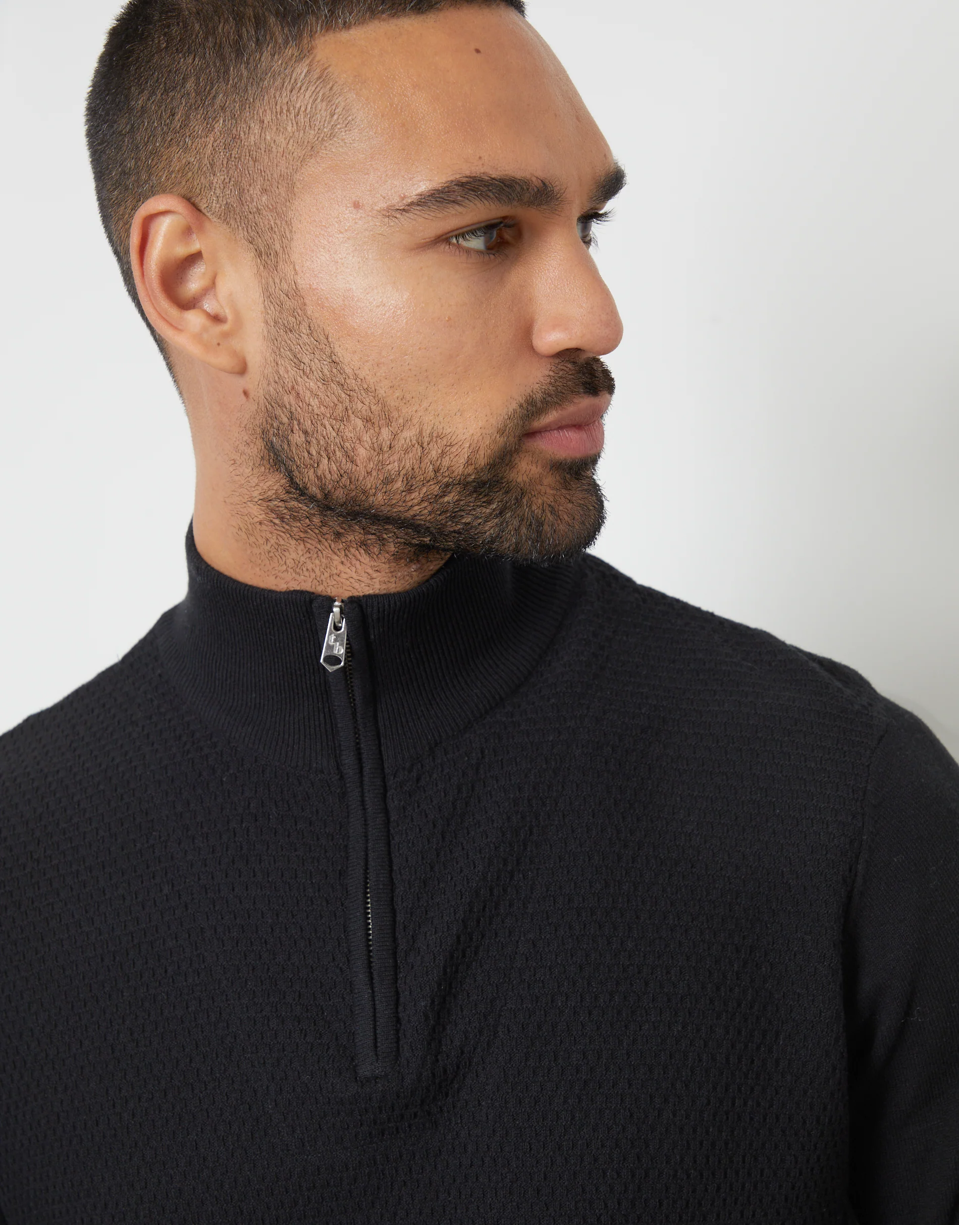 Basket Stitch Mock T-Shirt Quarter Zip Jumper in Black - Image 4