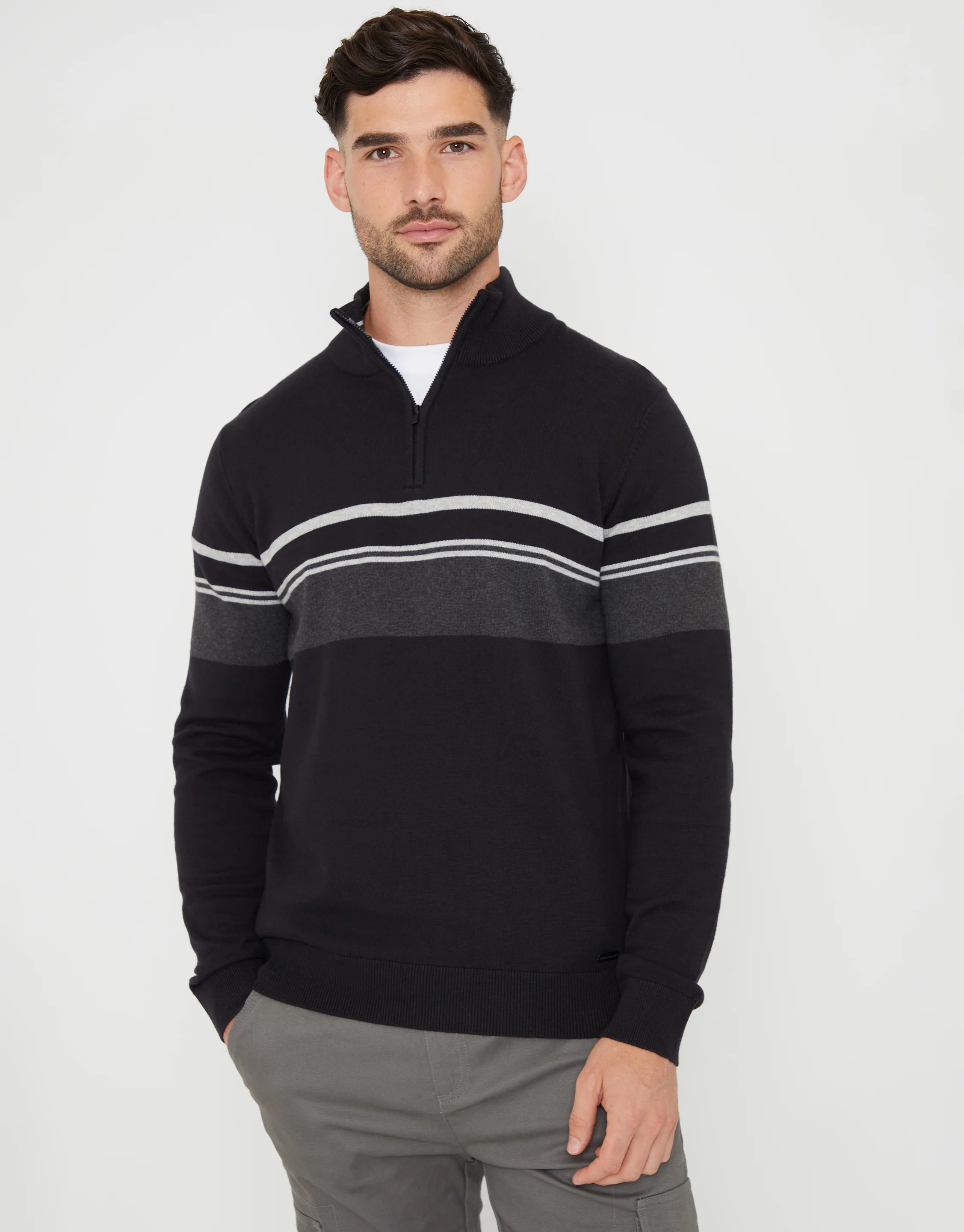 Colourblock Quarter Zip Knitted Jumper in Black