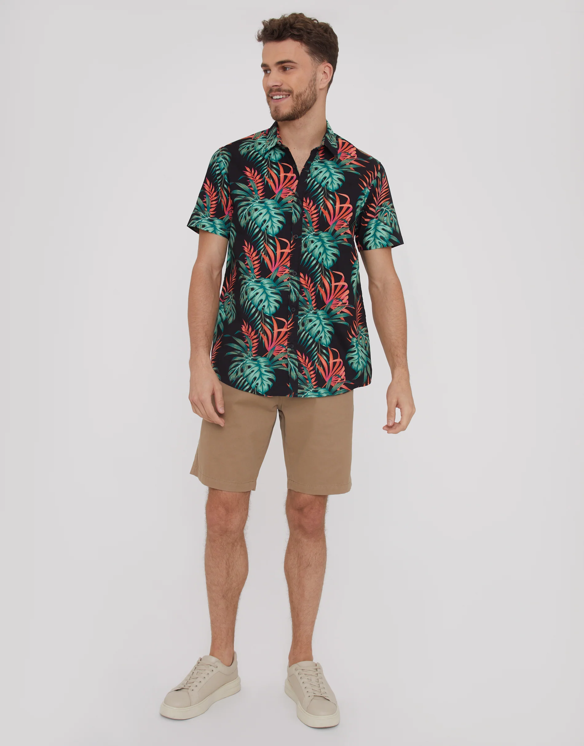 Cotton Tropical Print Short Sleeve Shirt in Black - Image 3