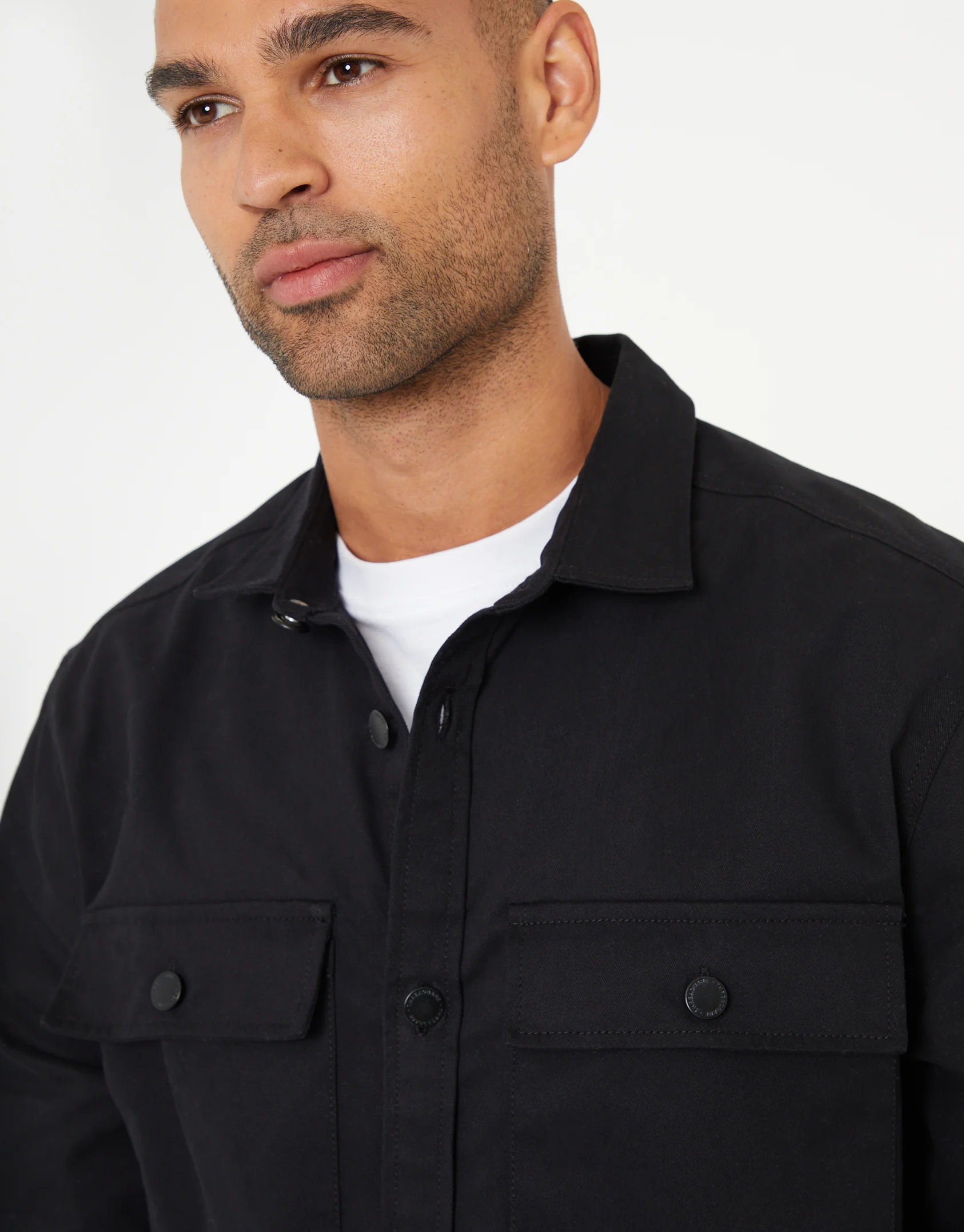 Relaxed Fit Cotton Twill Button Up Shacket in Black - Image 4