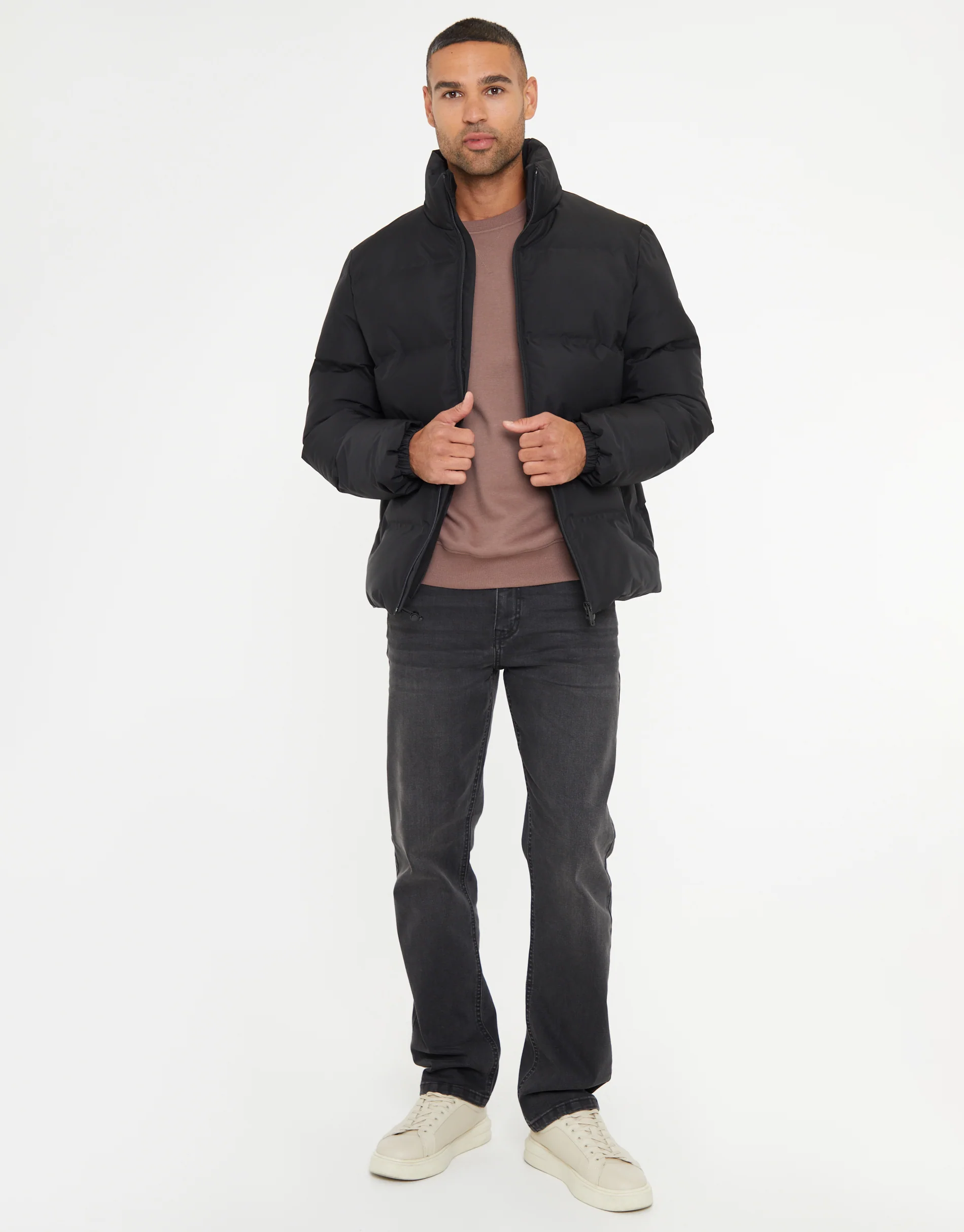 Funnel Neck Puffer Jacket in Black - Image 3