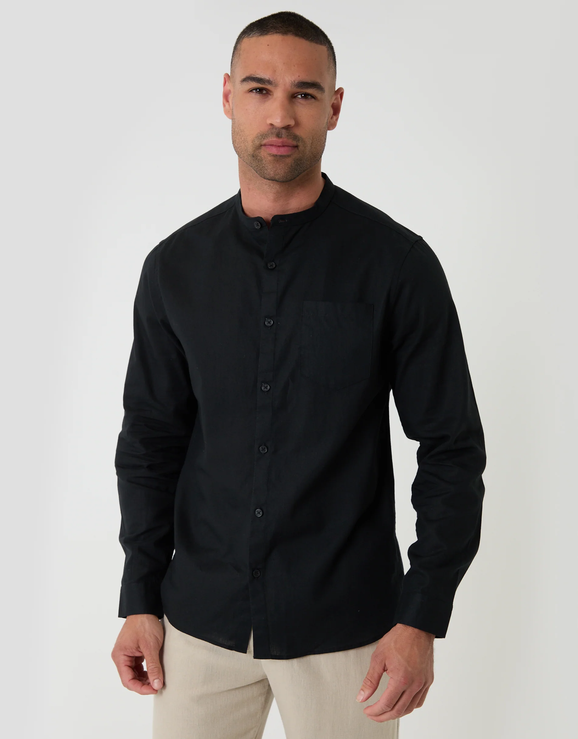 Grandad Collar Linen Blend Long Sleeve Shirt in Black
