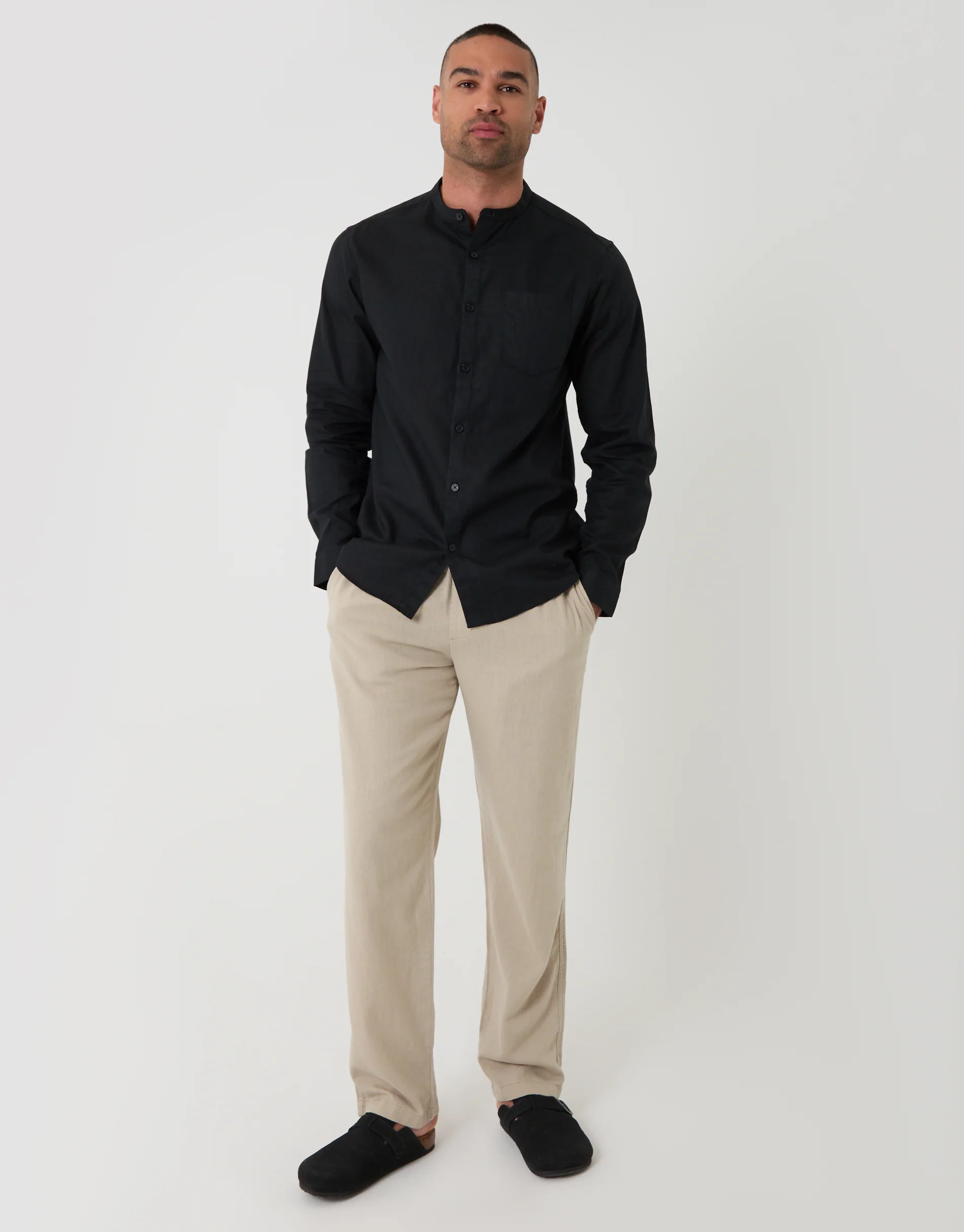 Grandad Collar Linen Blend Long Sleeve Shirt in Black - Image 3
