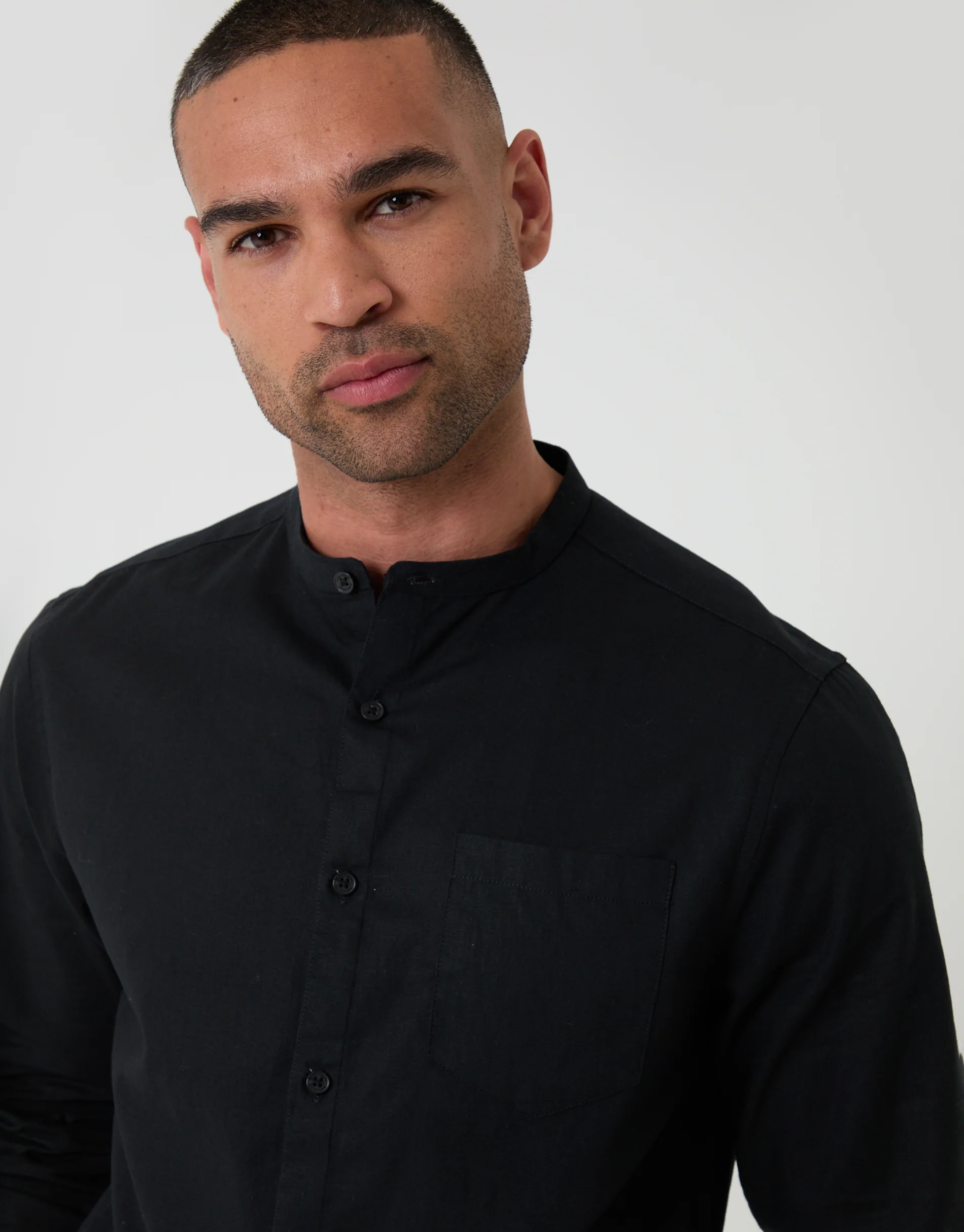 Grandad Collar Linen Blend Long Sleeve Shirt in Black - Image 4