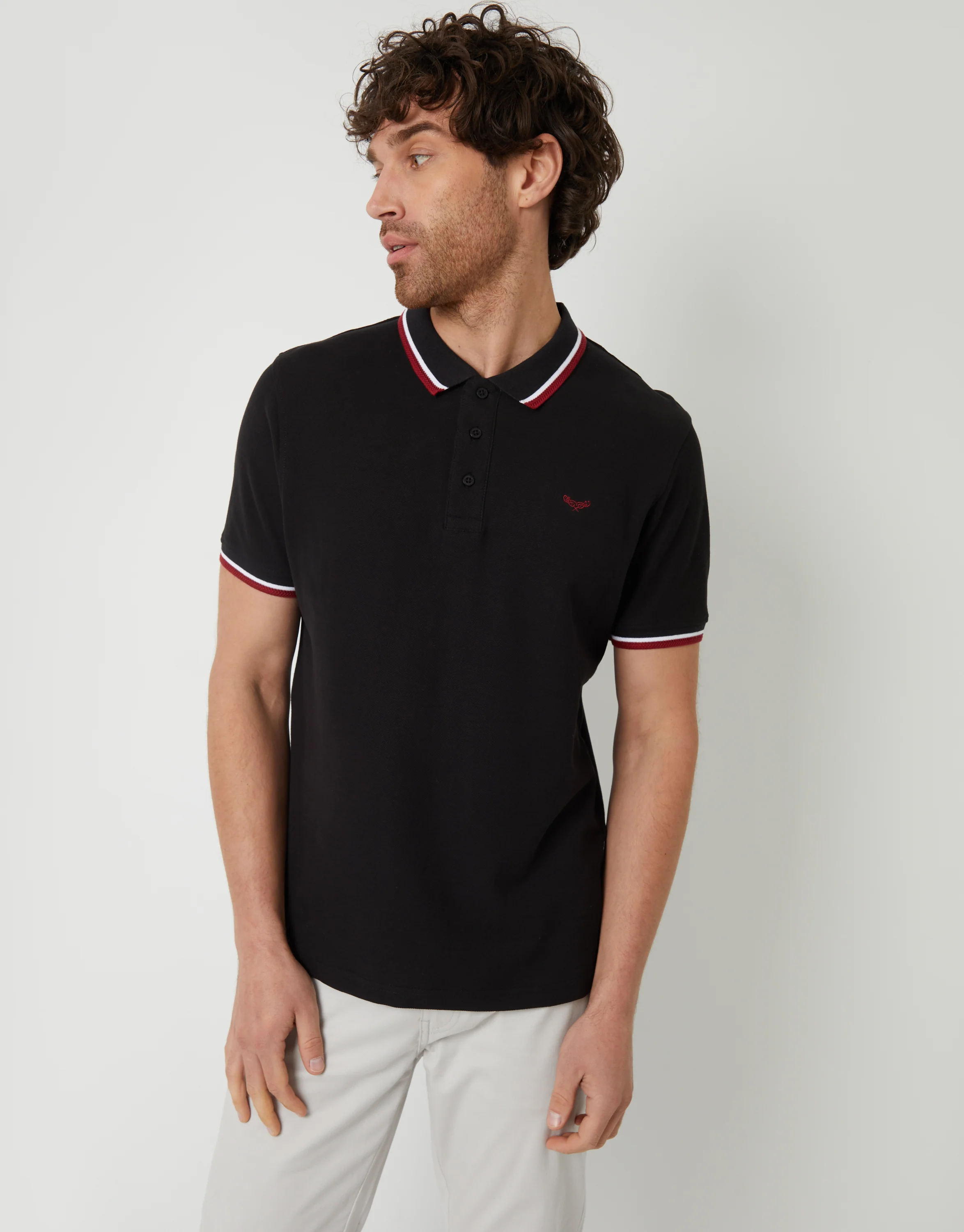 Herringbone Tipping Detail Pique Polo Shirt in Black