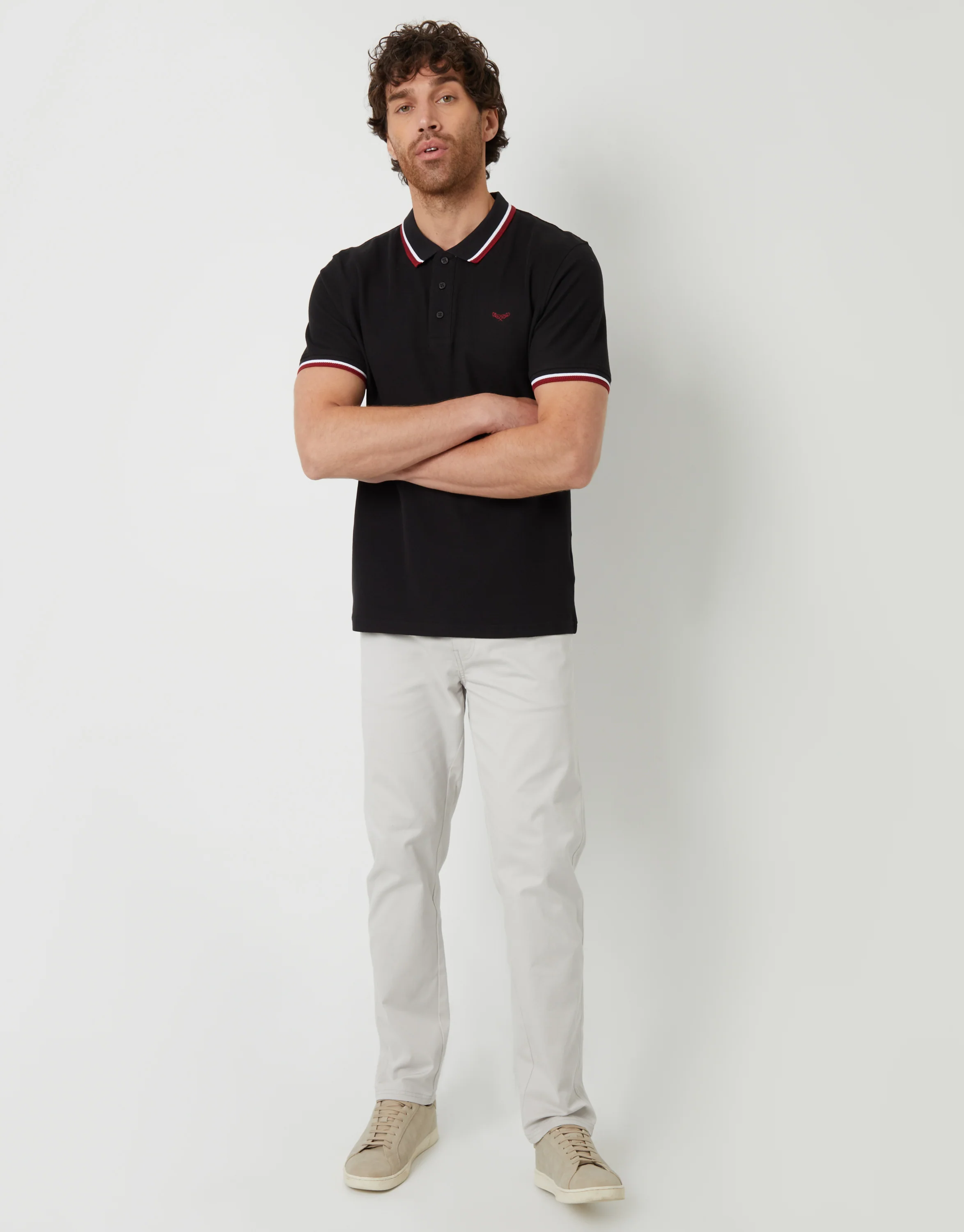 Herringbone Tipping Detail Pique Polo Shirt in Black - Image 3
