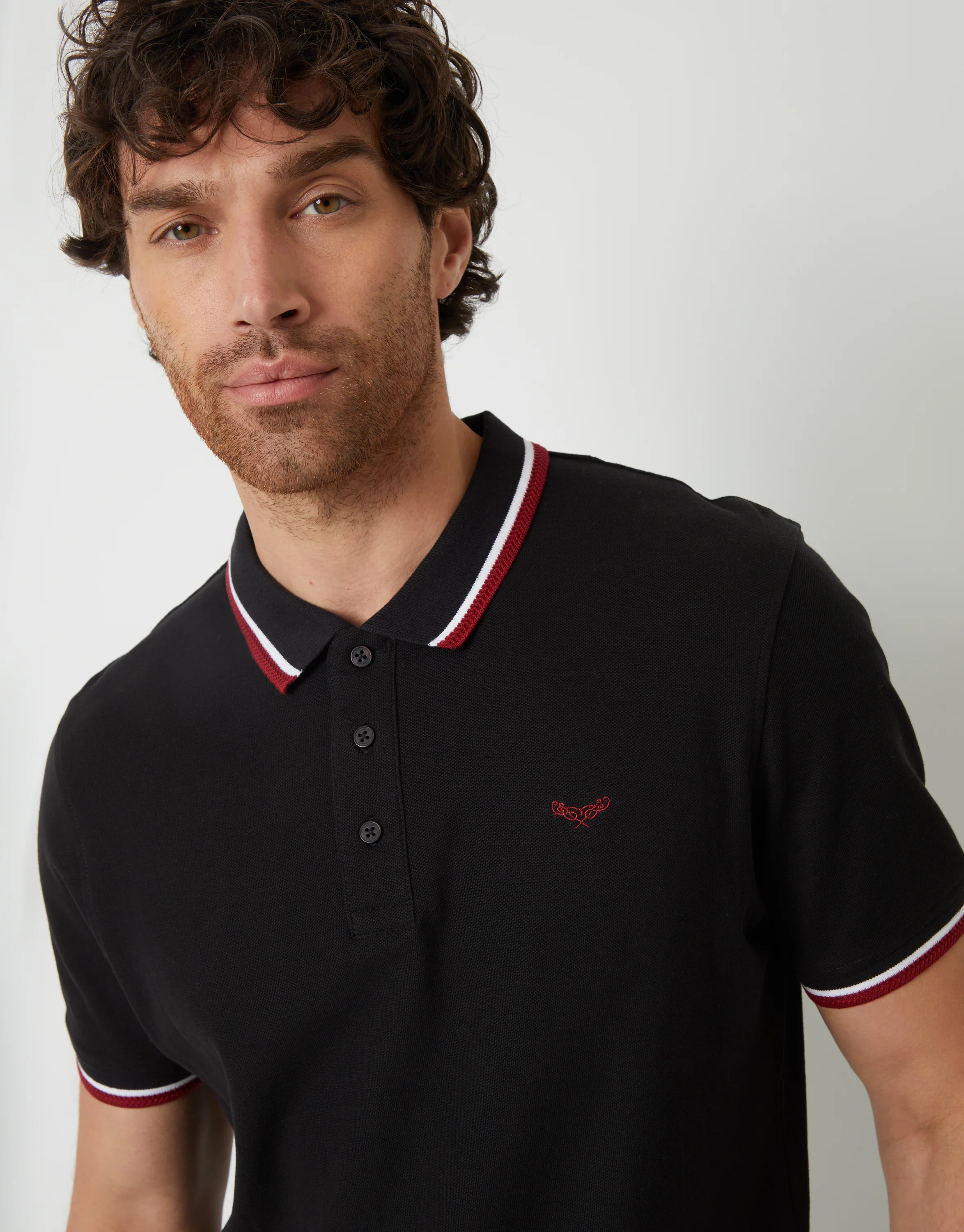 Herringbone Tipping Detail Pique Polo Shirt in Black - Image 4