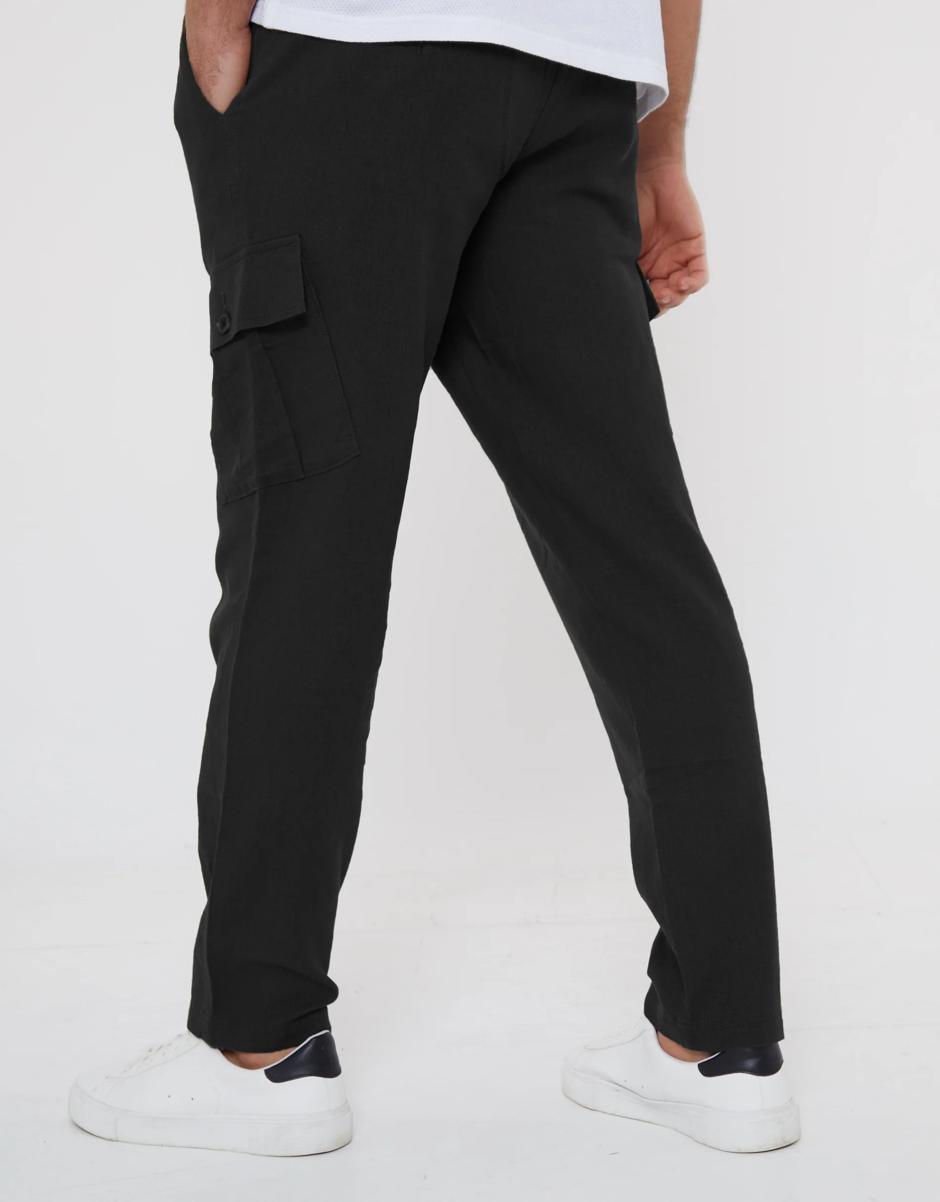 Linen Blend Cargo Trousers in Black - Image 3