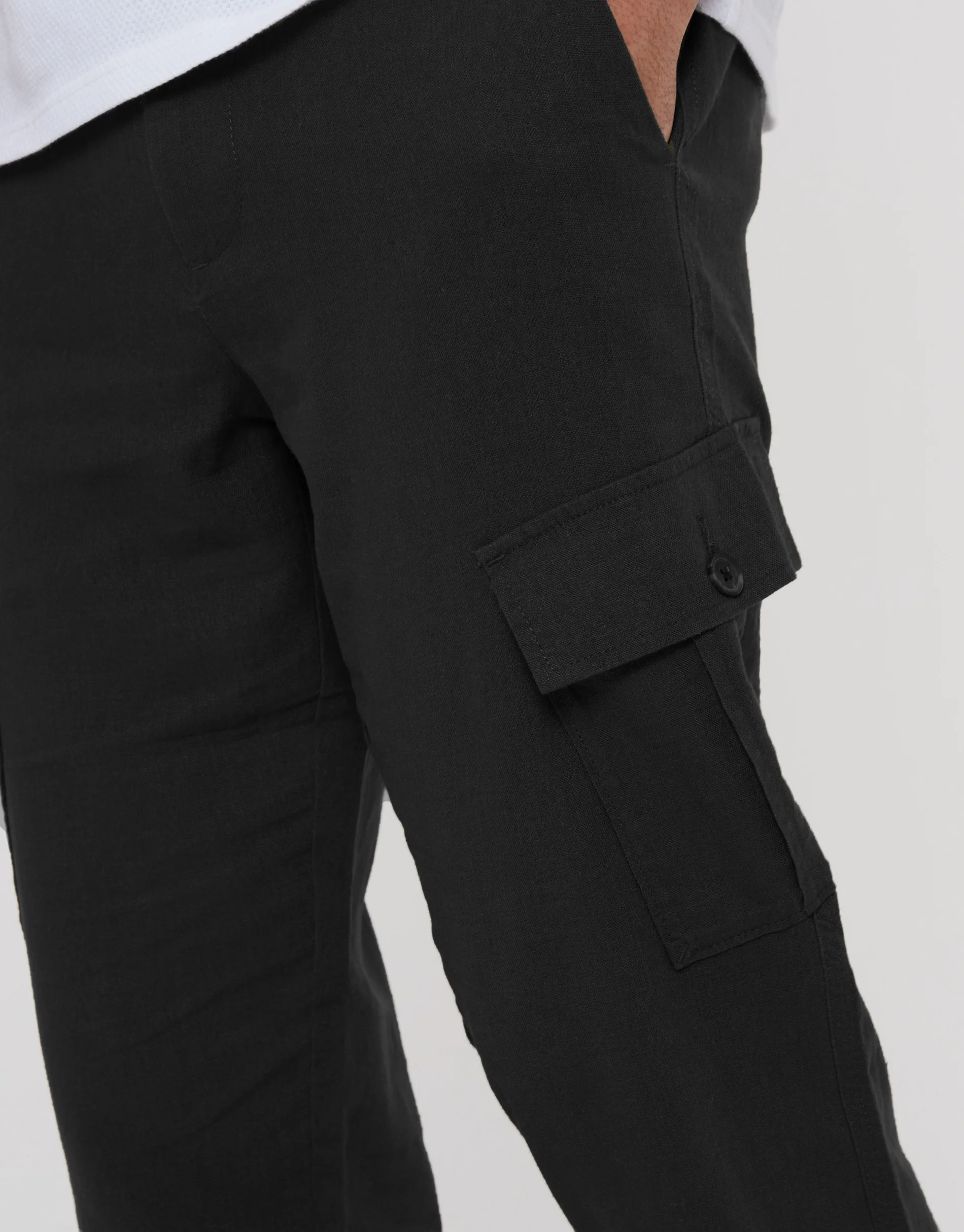 Linen Blend Cargo Trousers in Black - Image 4