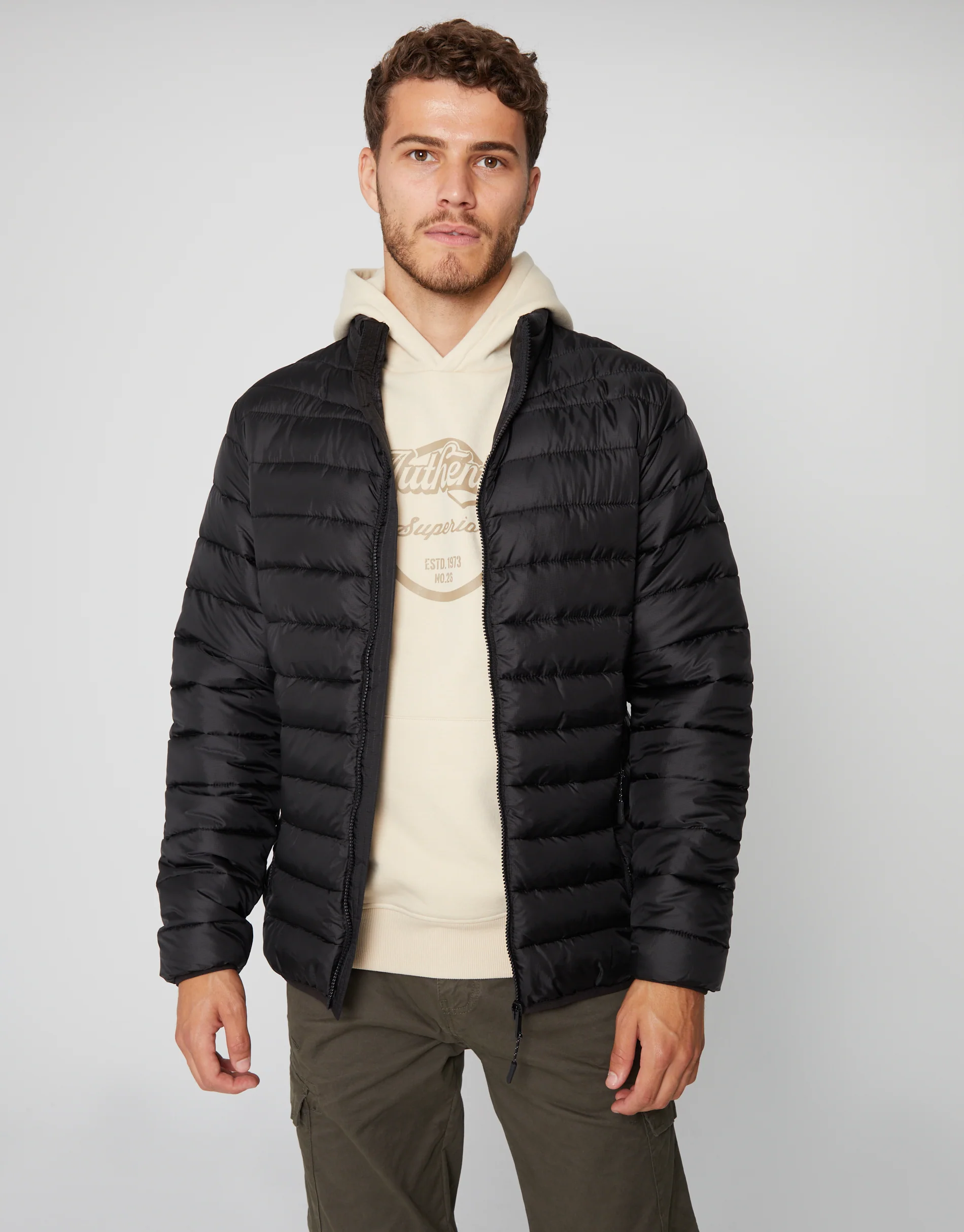 Matte Finish Padded Funnel Neck Jacket in Black