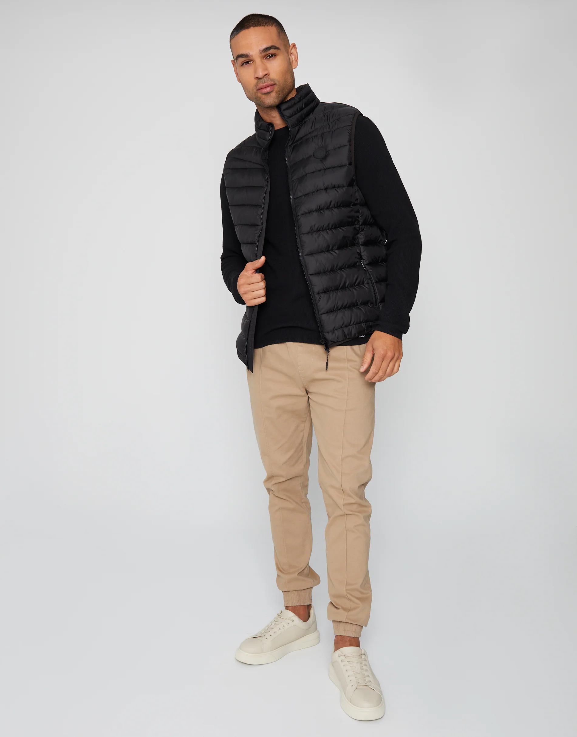 Matte Finish Padded Funnel Neck Gilet in Black - Image 3