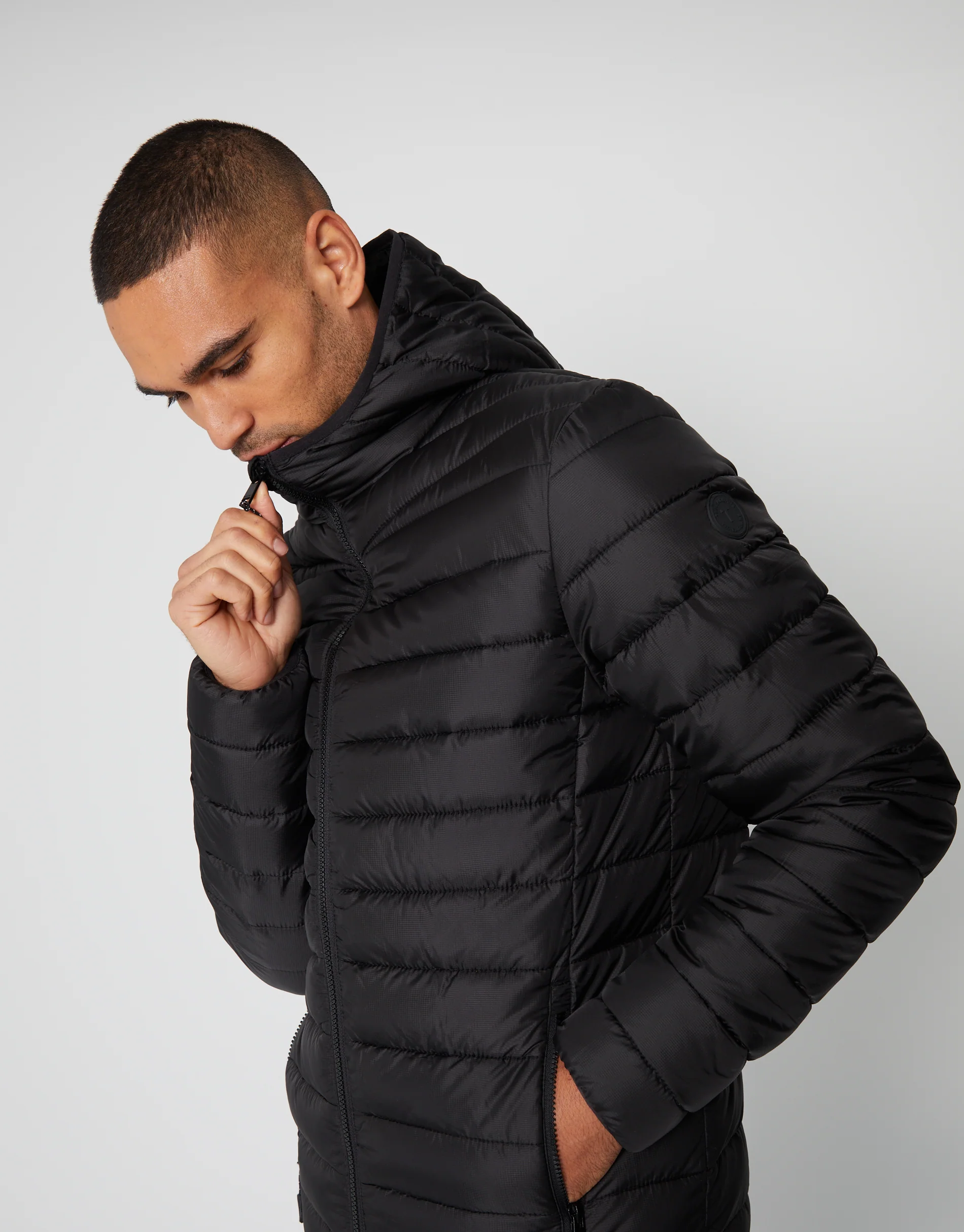 Matte Finish Padded Hooded Jacket in Black