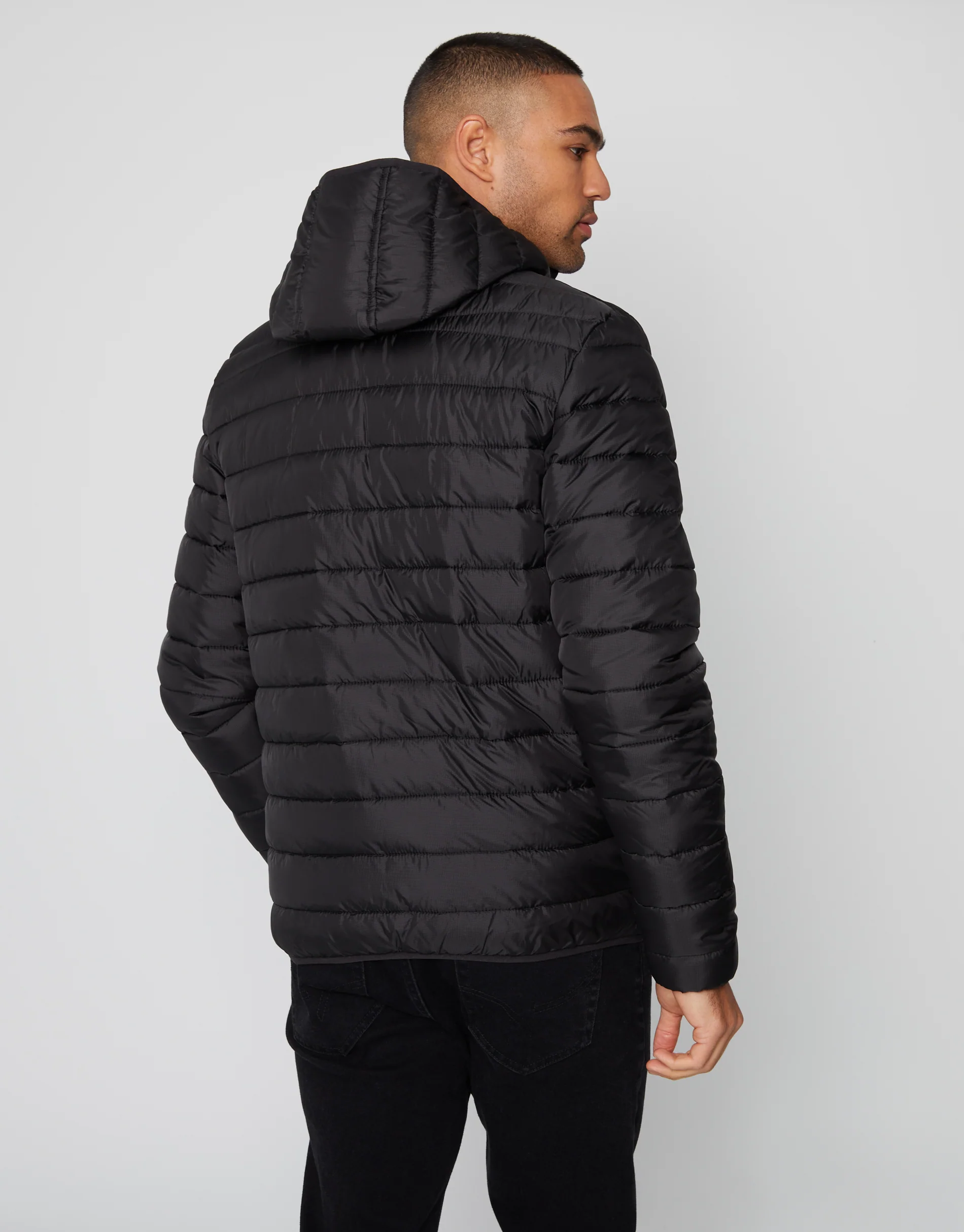 Matte Finish Padded Hooded Jacket in Black - Image 2