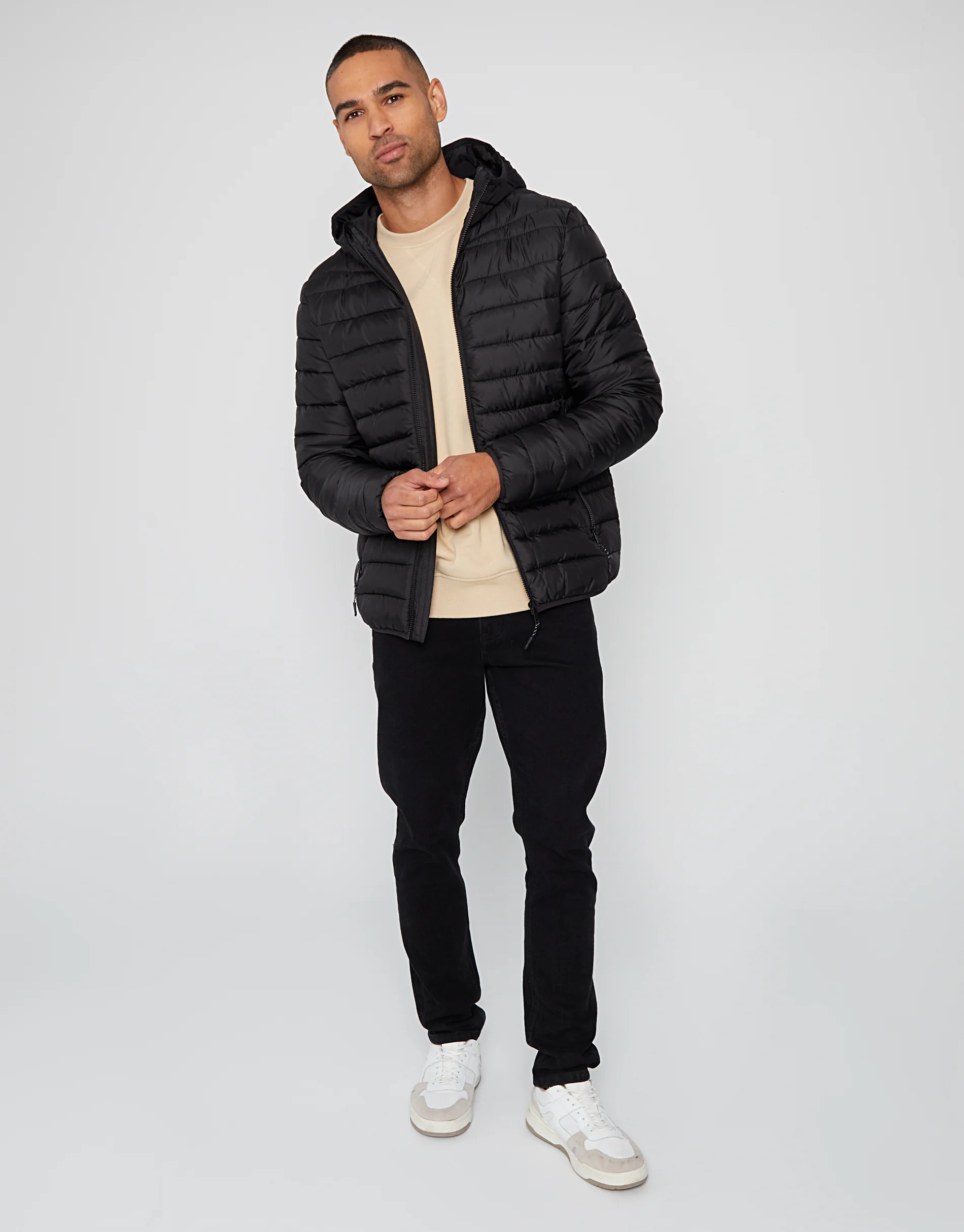 Matte Finish Padded Hooded Jacket in Black - Image 3