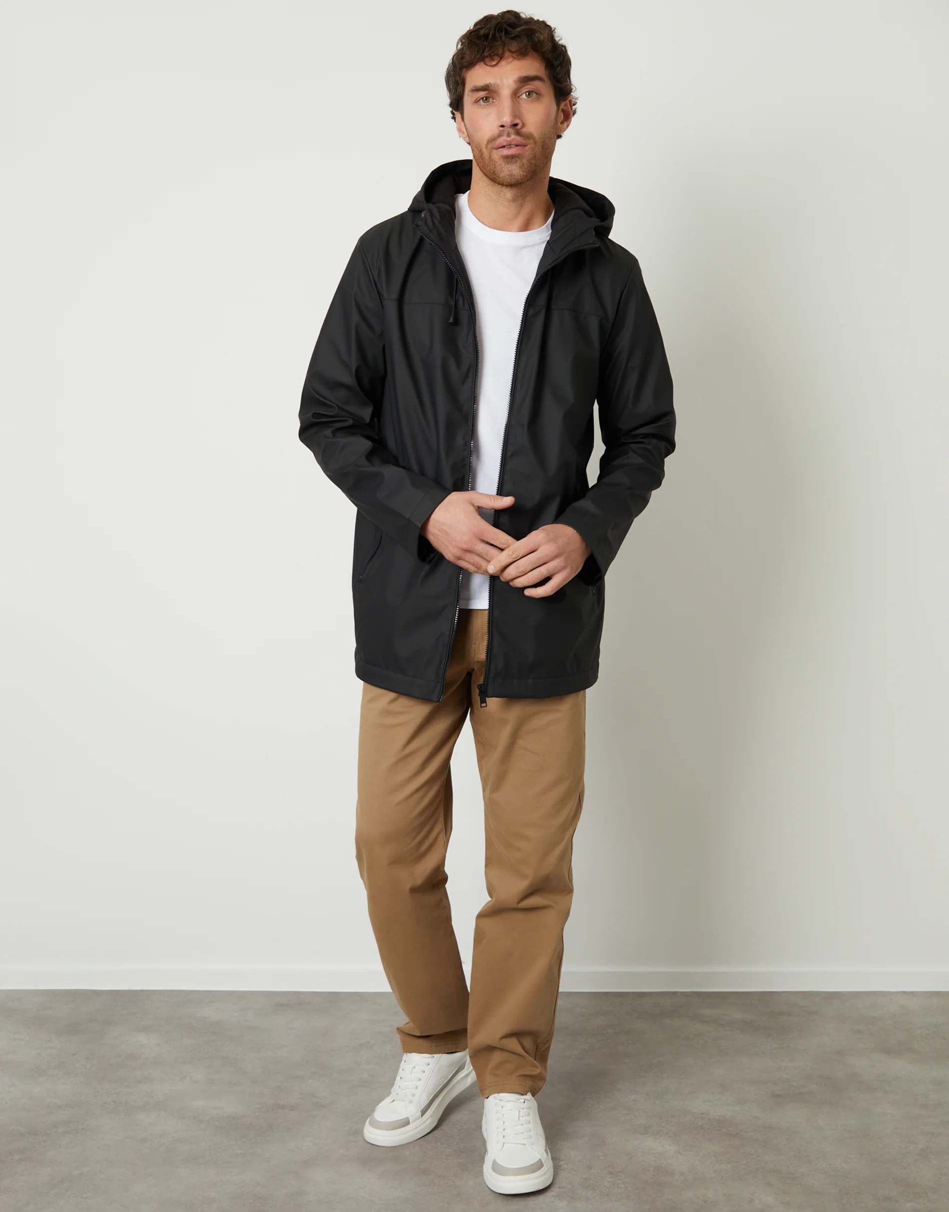 Microfleece Lined Hooded Rubberised Raincoat in Black - Image 3