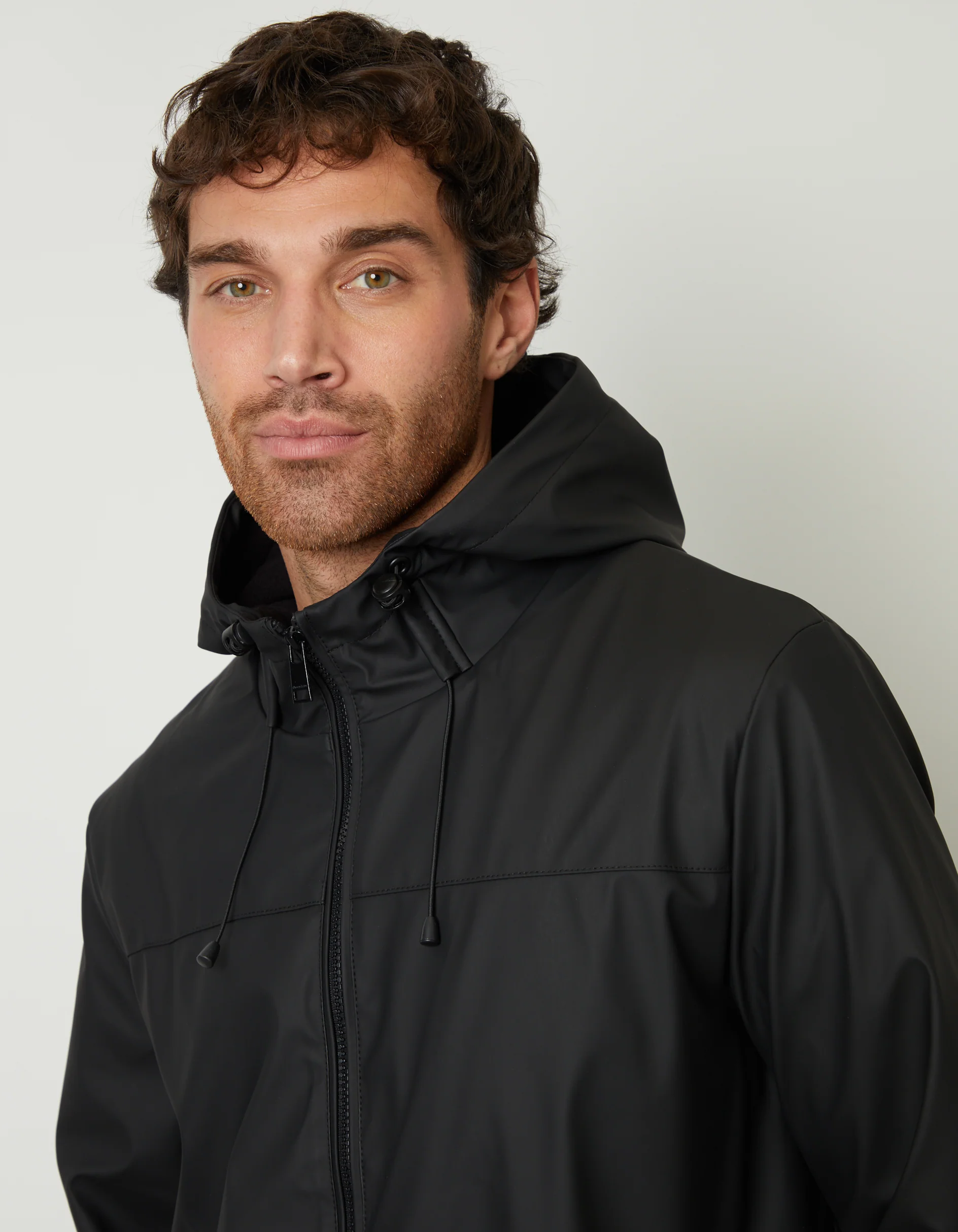 Microfleece Lined Hooded Rubberised Raincoat in Black - Image 4