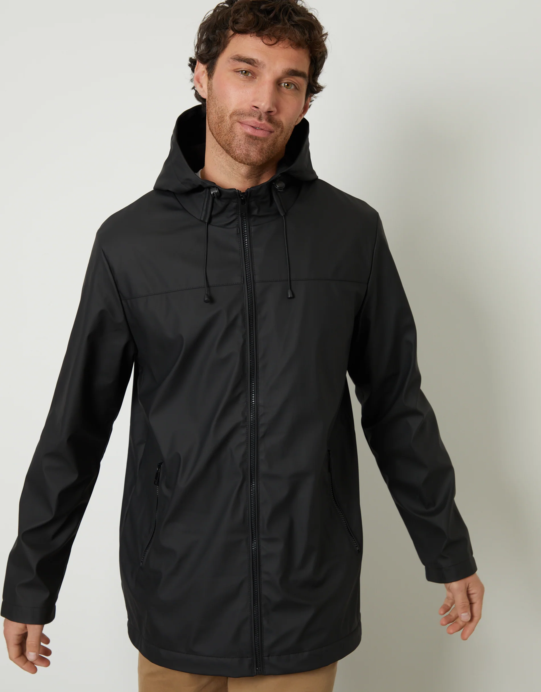 Microfleece Lined Hooded Rubberised Raincoat in Black - Image 5