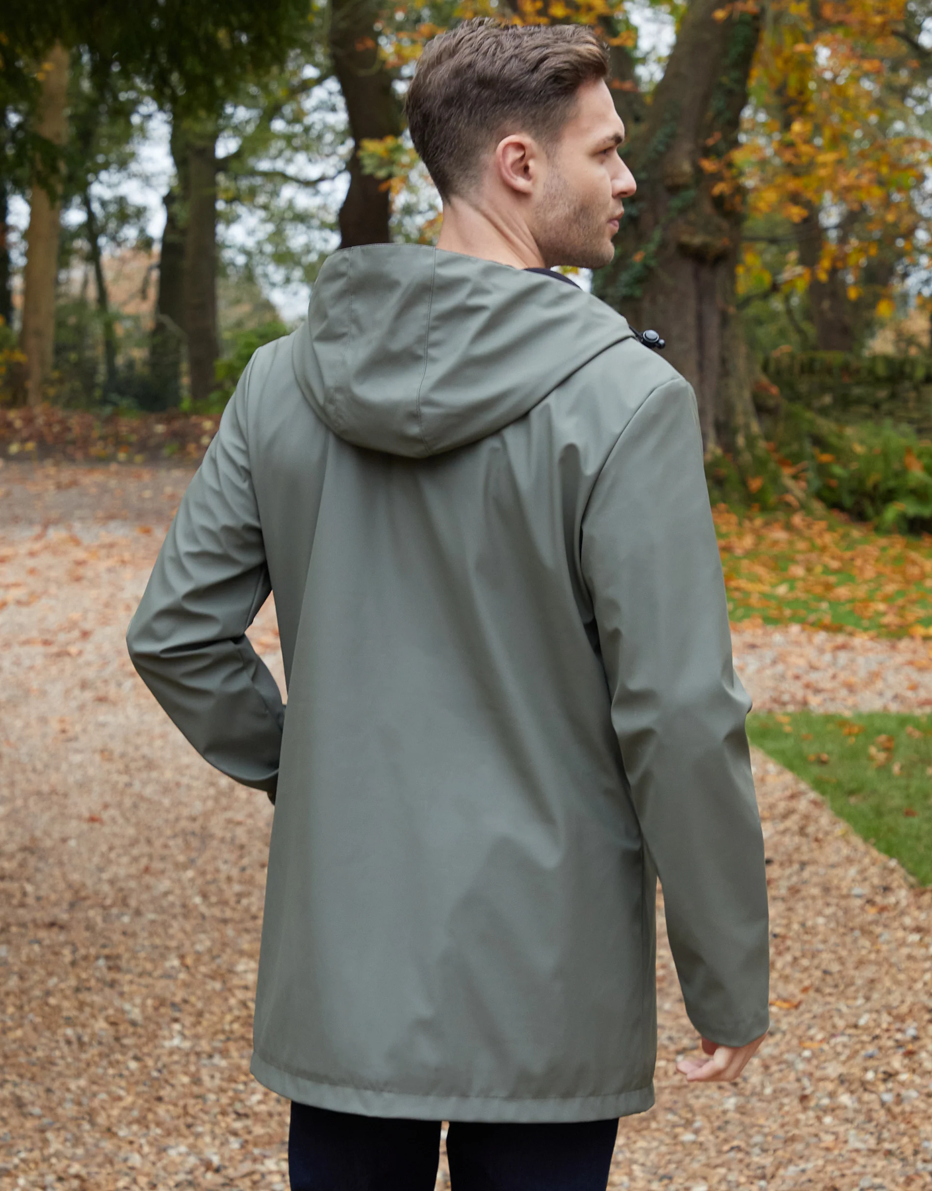 Microfleece Lined Longline Hooded Raincoat in Khaki Green - Image 2