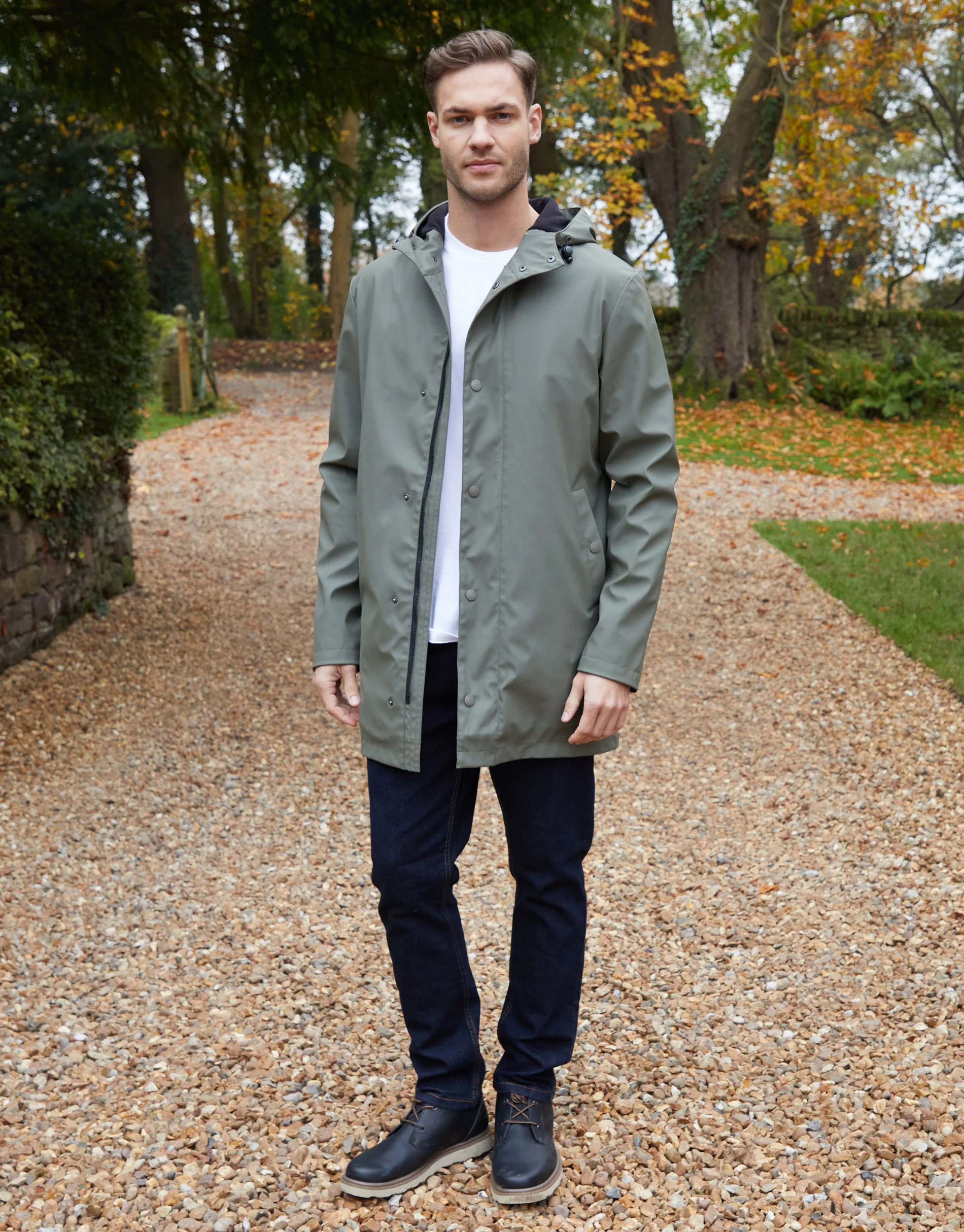 Microfleece Lined Longline Hooded Raincoat in Khaki Green - Image 3