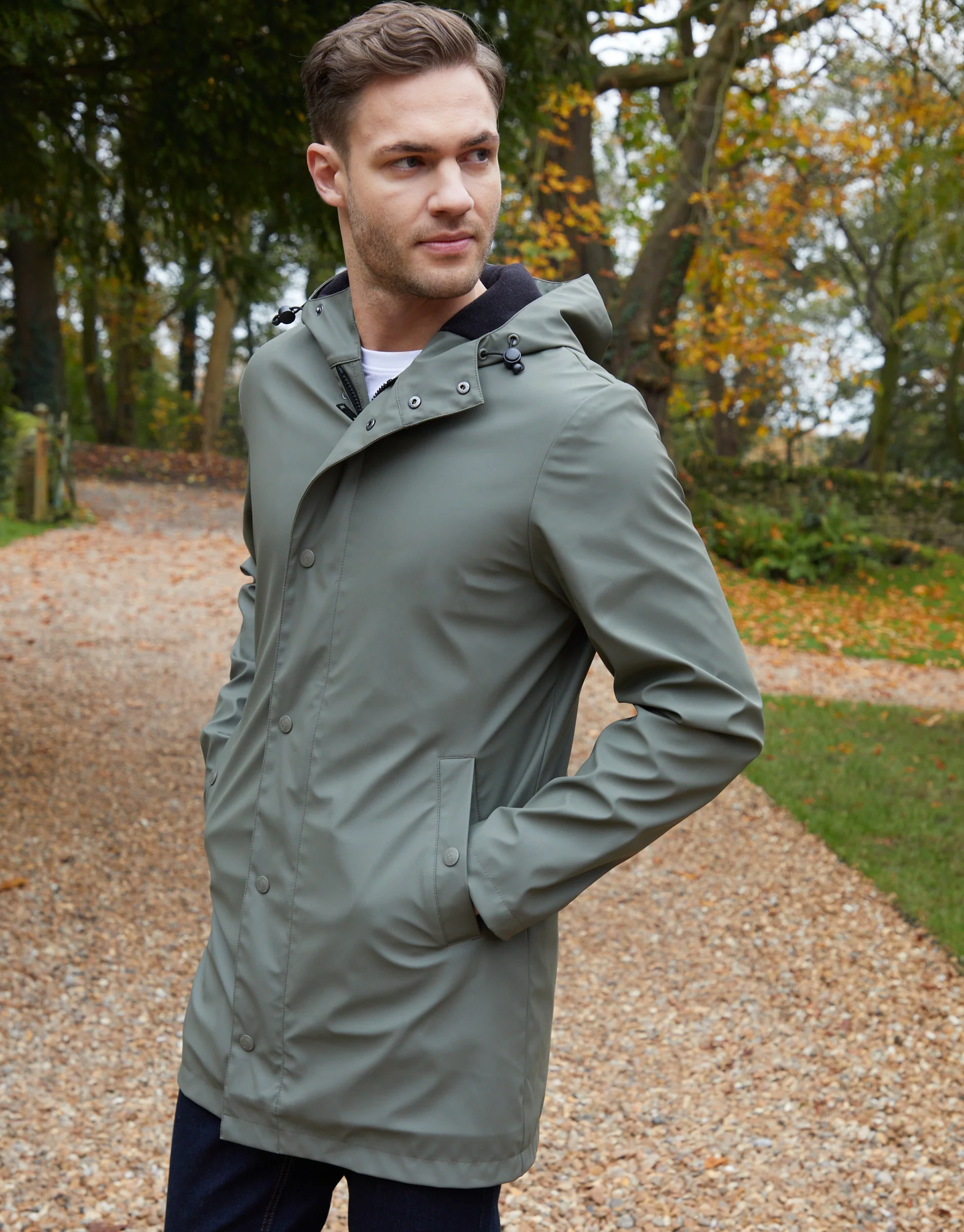 Microfleece Lined Longline Hooded Raincoat in Khaki Green - Image 4