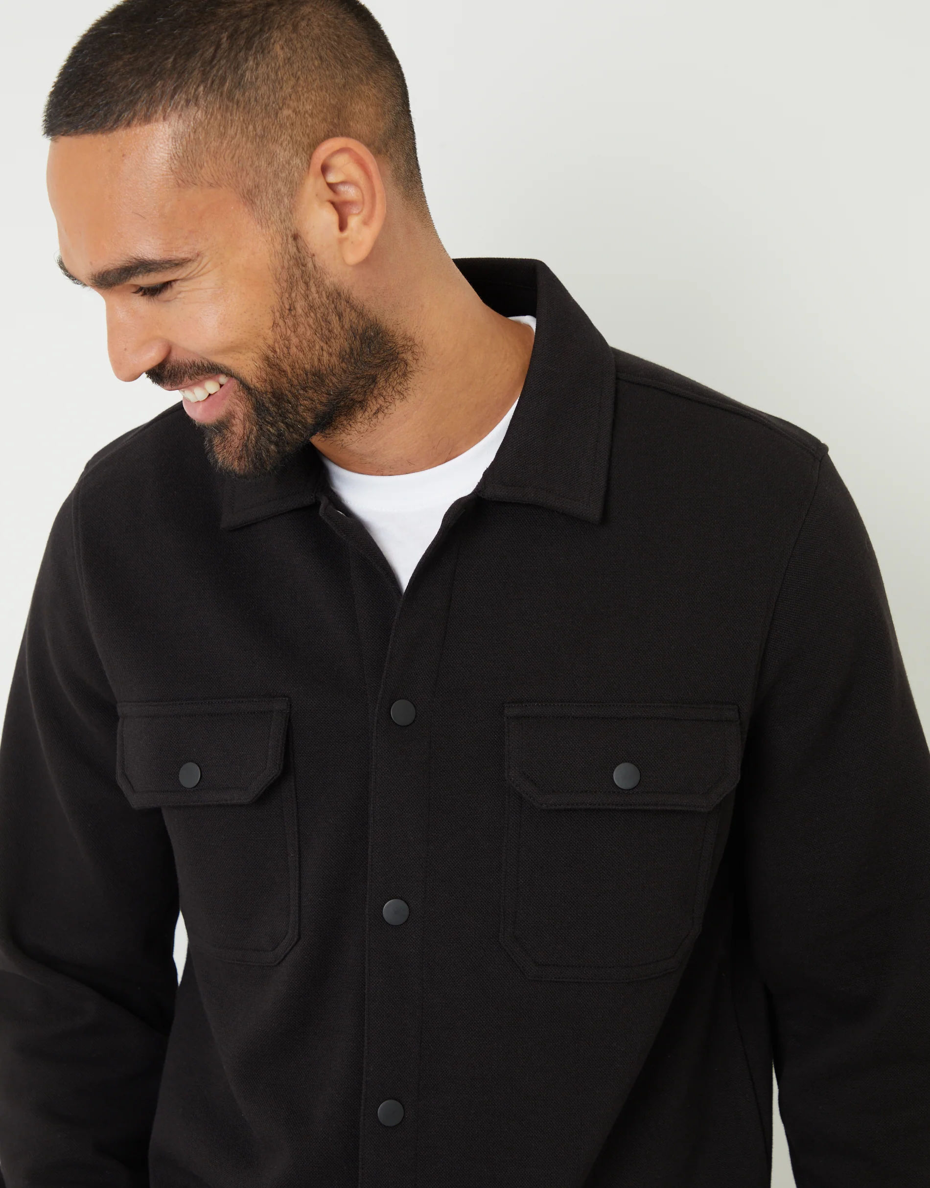 Pique Popper Fastening Shacket in Black - Image 4