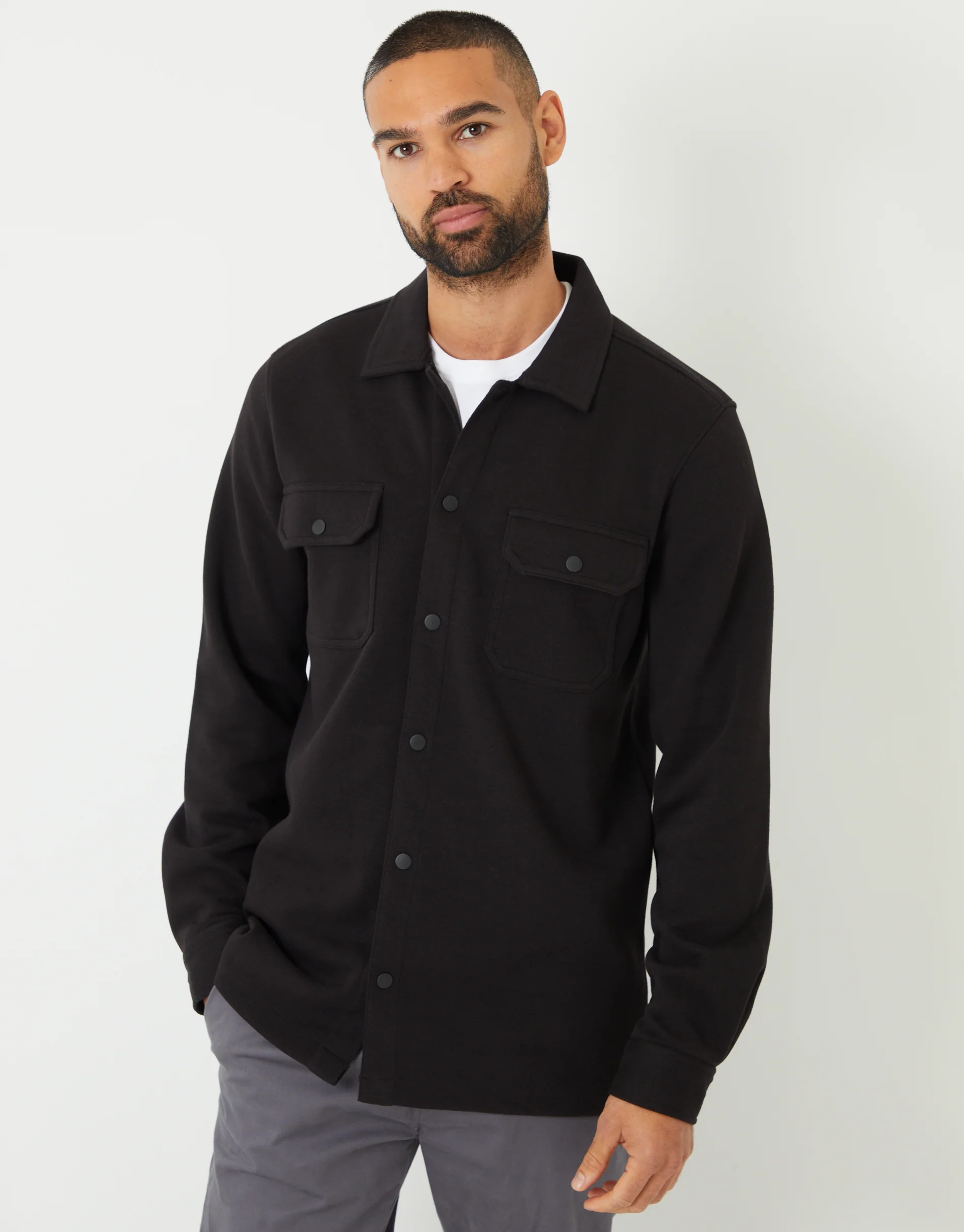 Pique Popper Fastening Shacket in Black - Image 5