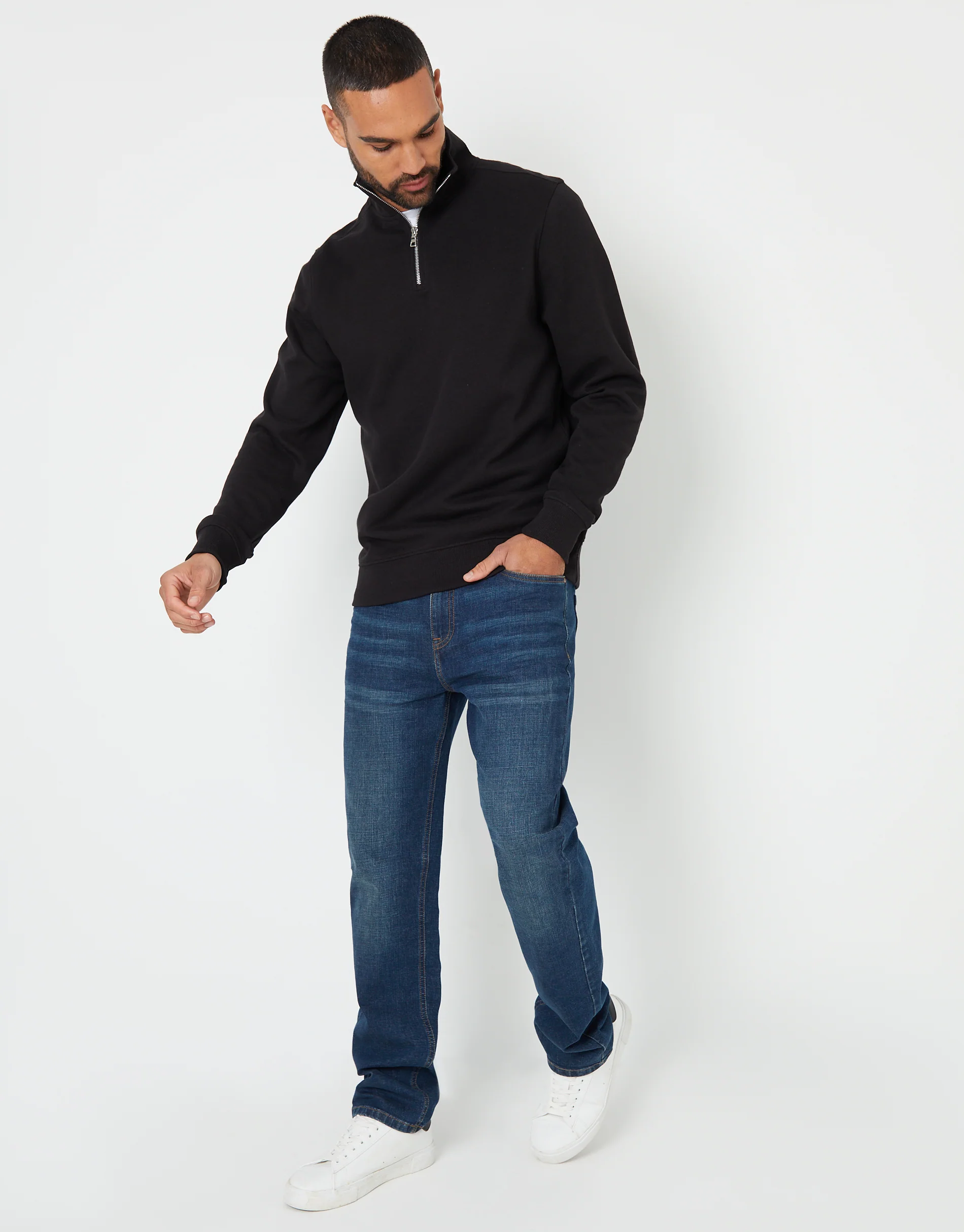 Pique Quarter Zip Funnel Neck Sweatshirt in Black - Image 4