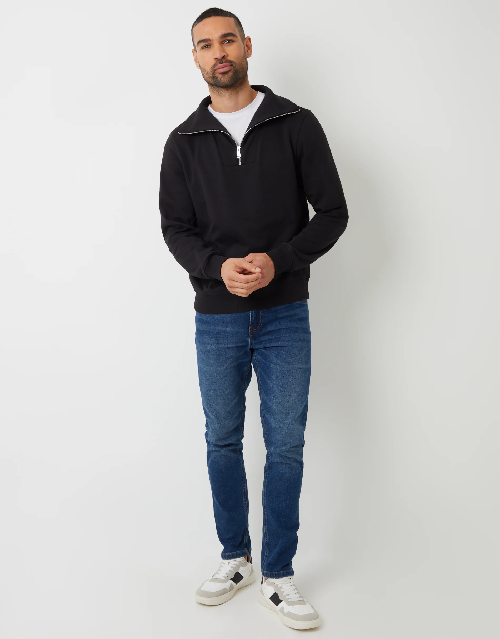 Quarter Zip Funnel Neck Sweatshirt in Black - Image 3