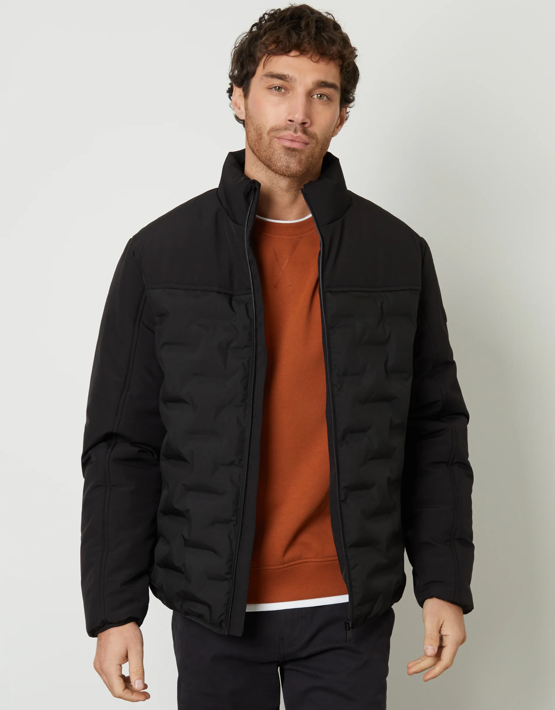 Quilted Panel Funnel Neck Jacket in Black