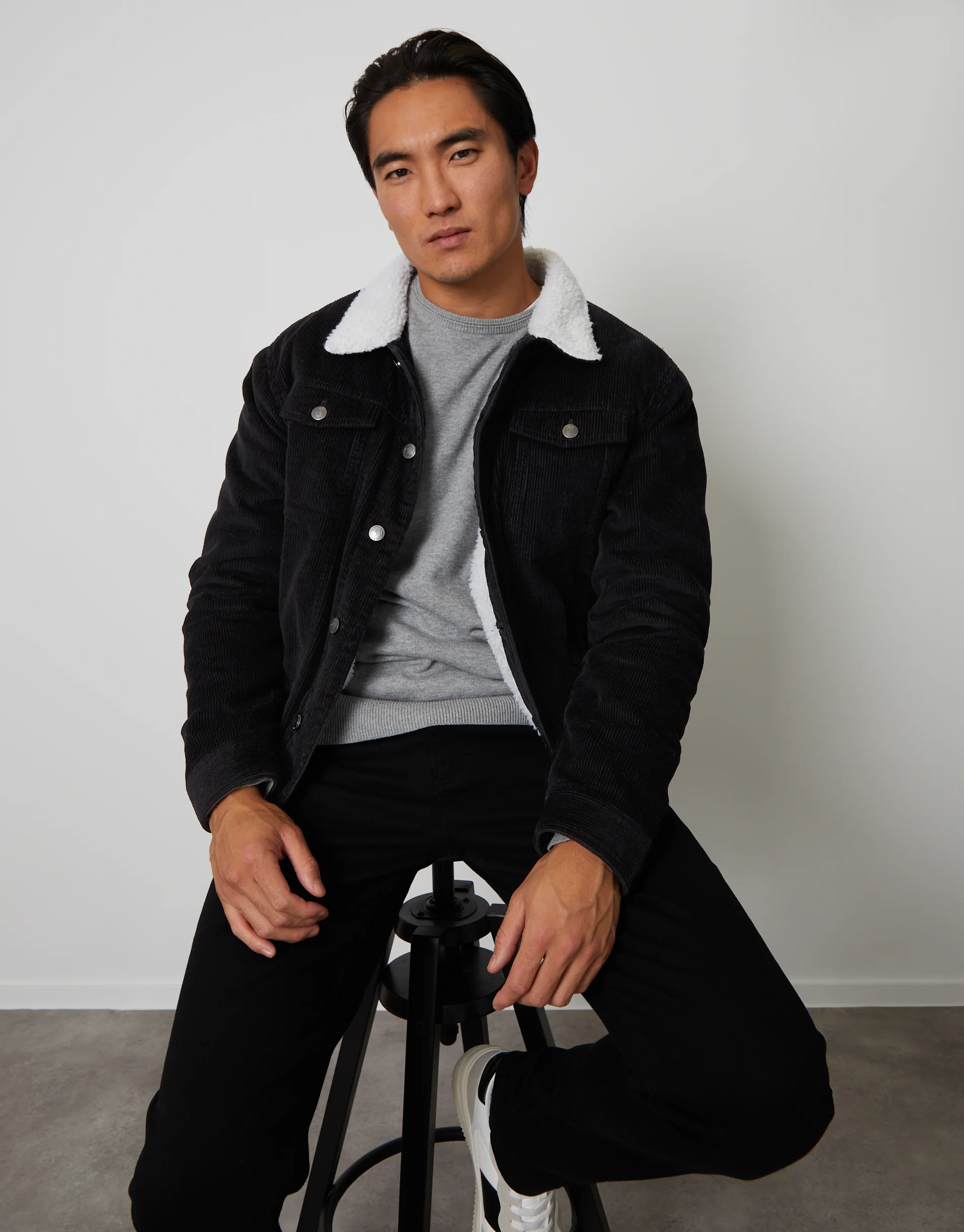 Borg Lined Corduroy Jacket in Black
