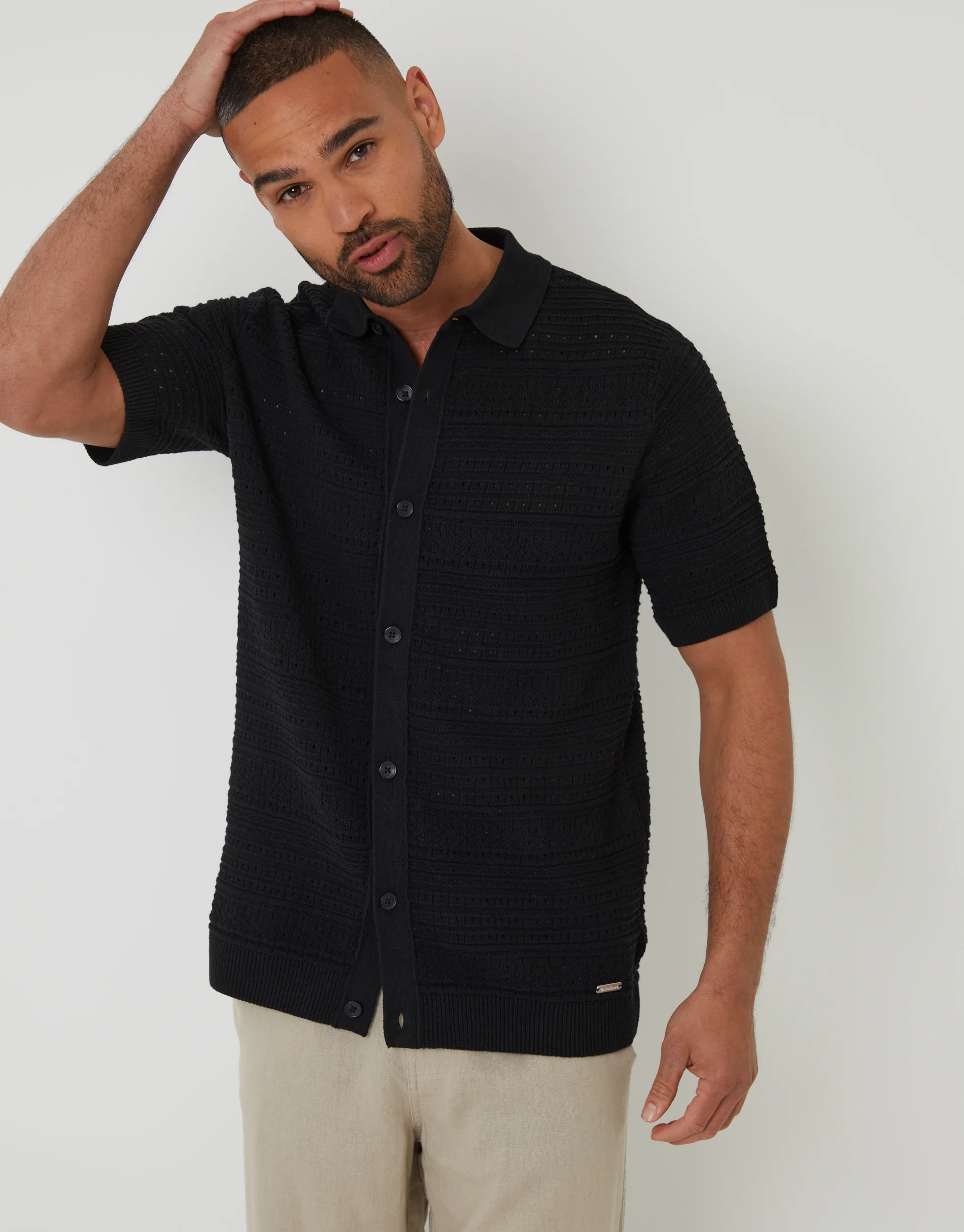 Textured Knitted Button Through Polo Shirt in Black