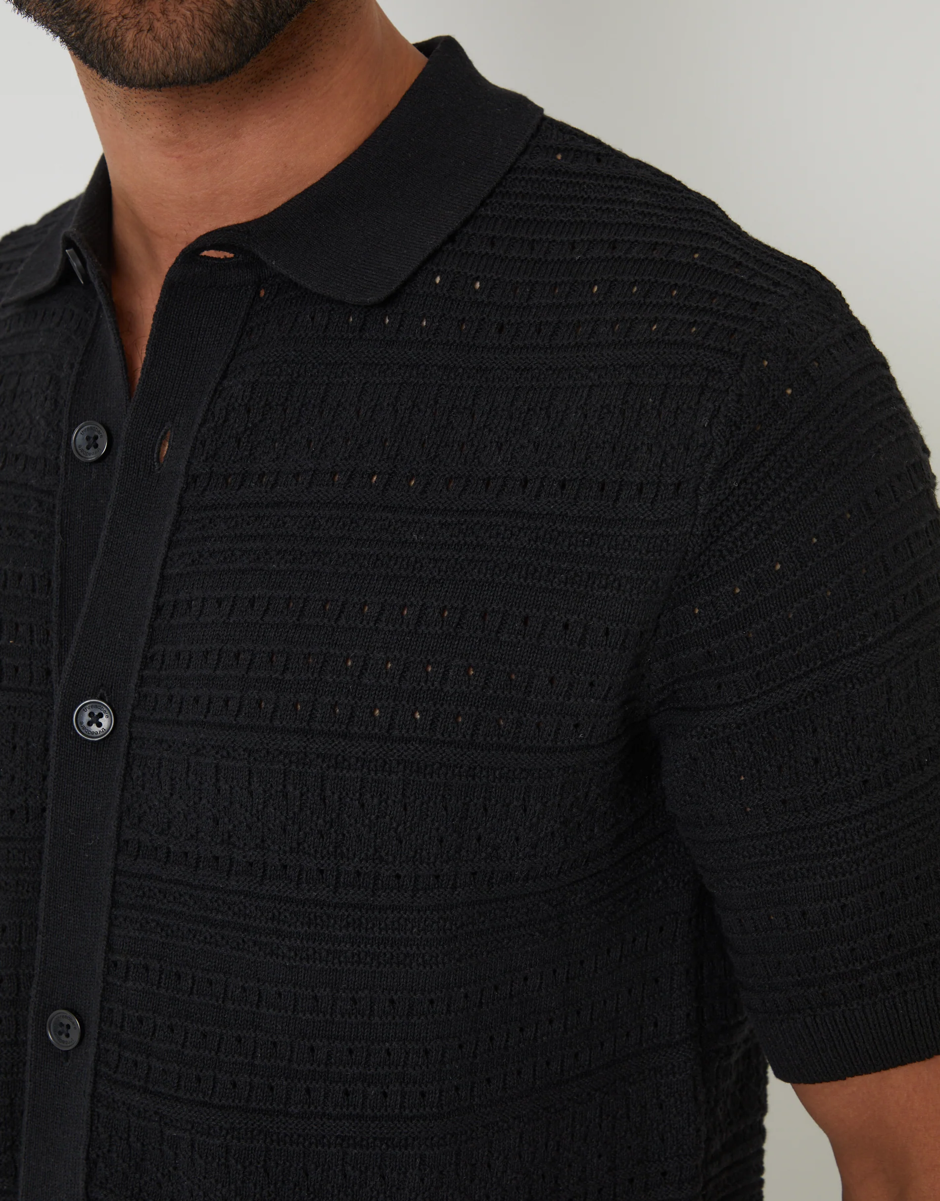 Textured Knitted Button Through Polo Shirt in Black - Image 4
