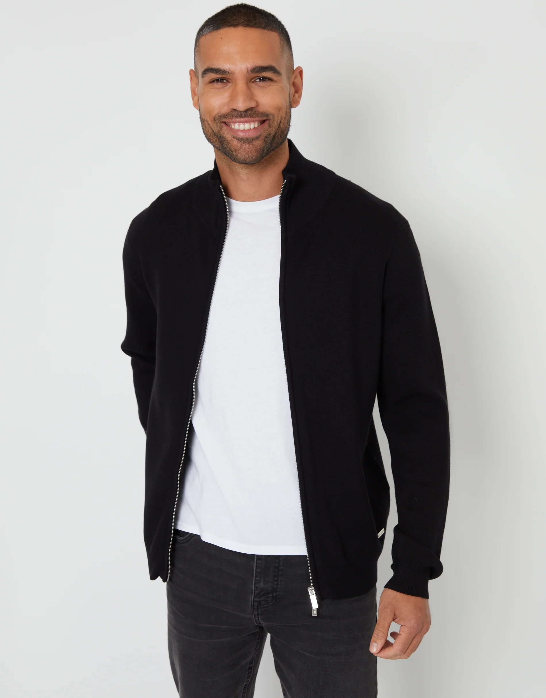 Zip-Through Funnel Neck Knitted Cardigan in Black