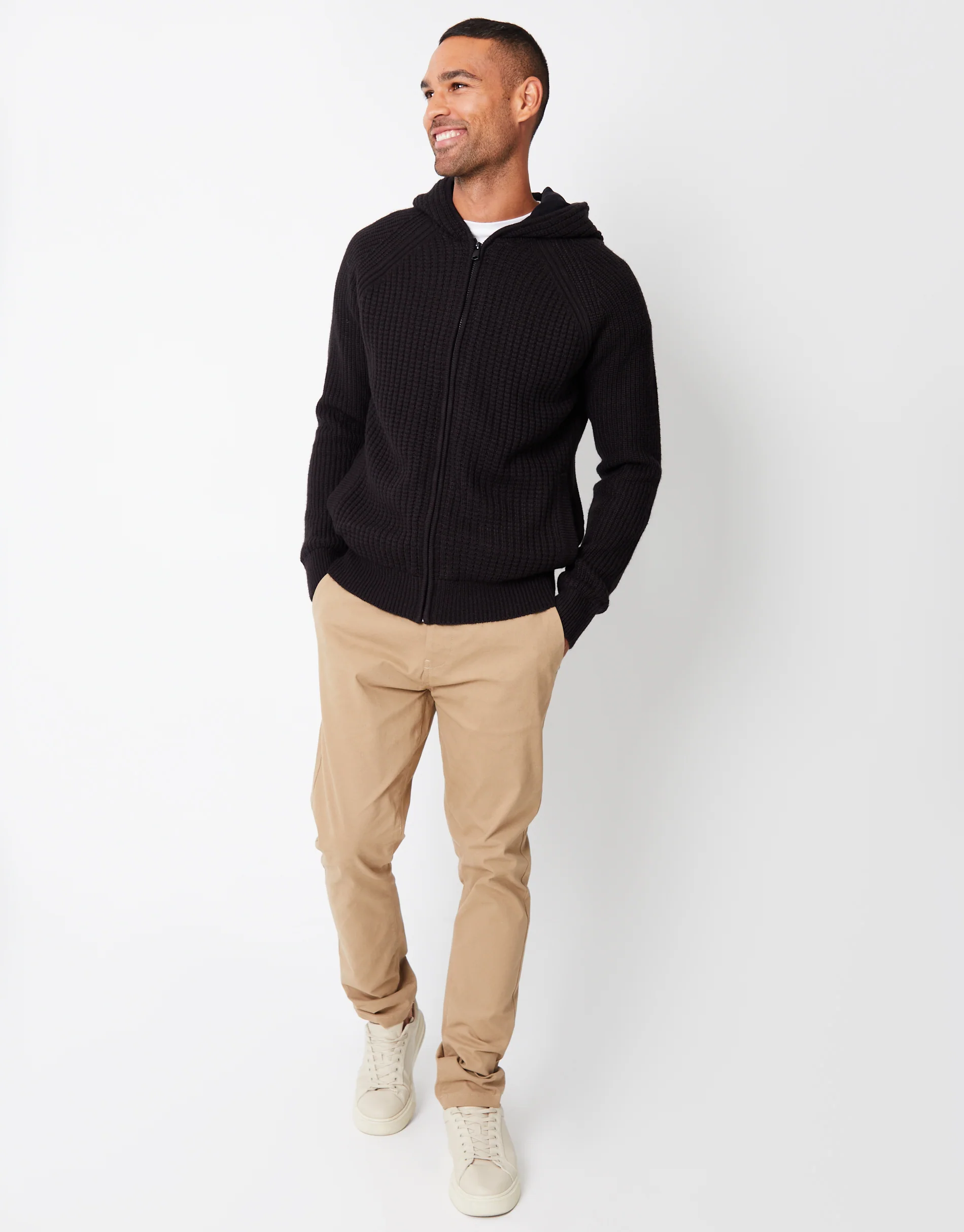 Zip Up Knitted Microfleece Lined Hoodie in Black - Image 3