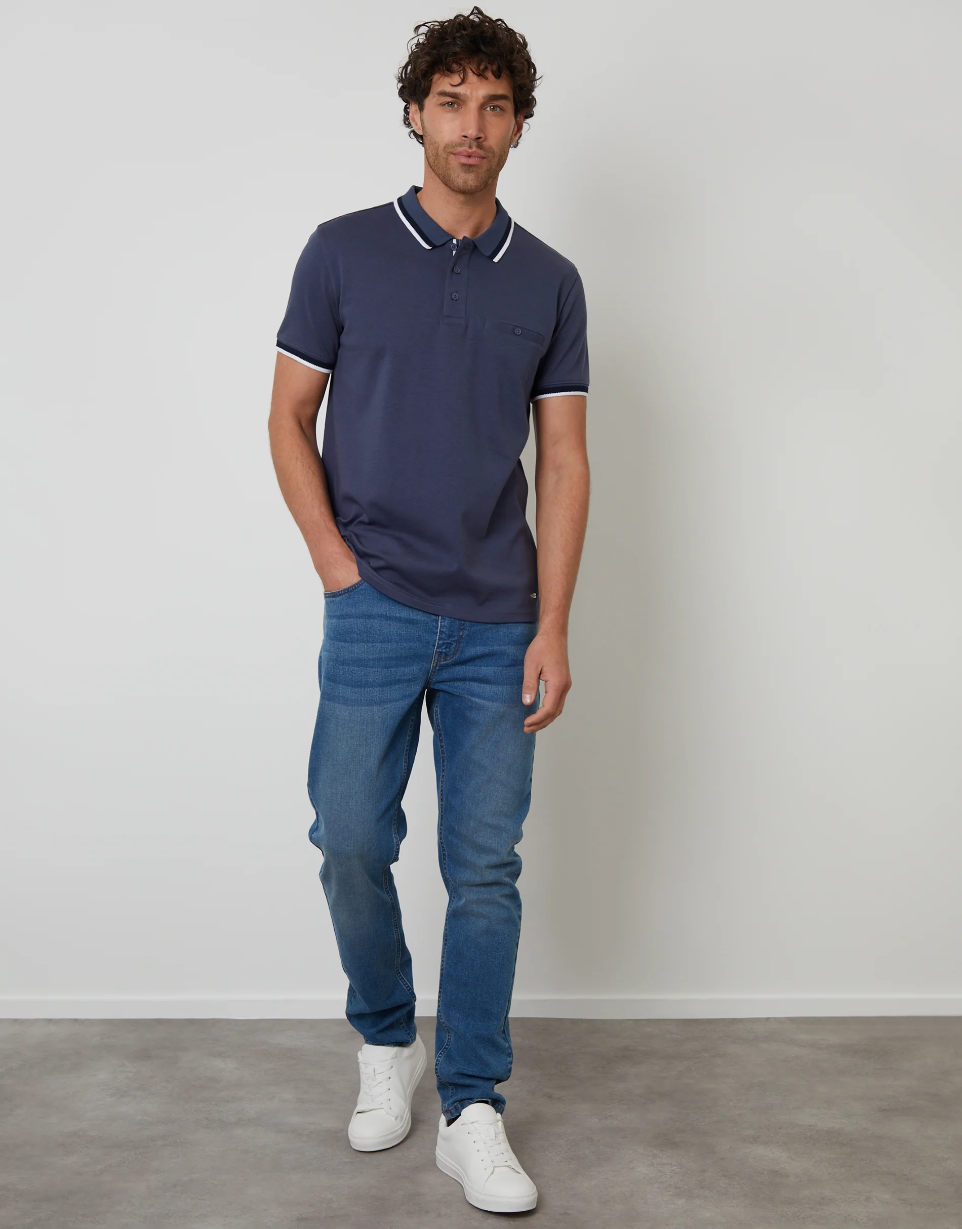 Jetted Pocket Cotton Interlock Polo Shirt in Blue - Image 3